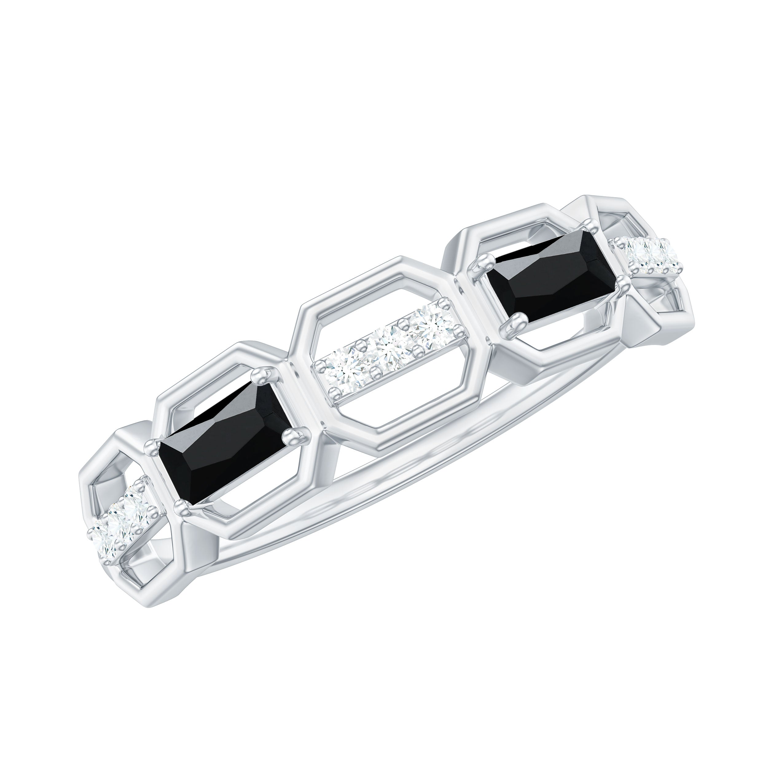 Natural Baguette Black Spinel Diamond Geometric Band Ring