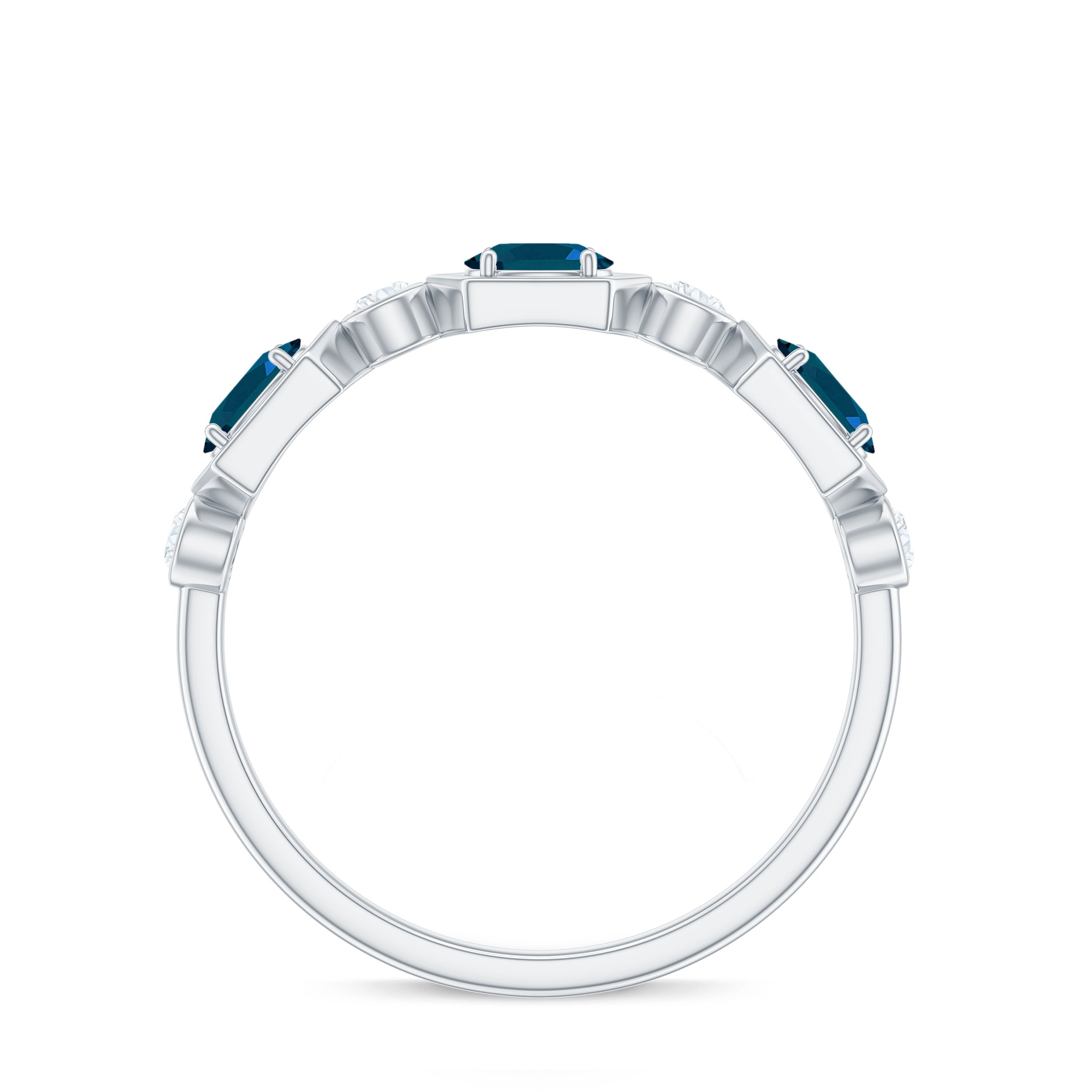 Real Certified London Blue Topaz Halft Eternity Band Ring with Diamond