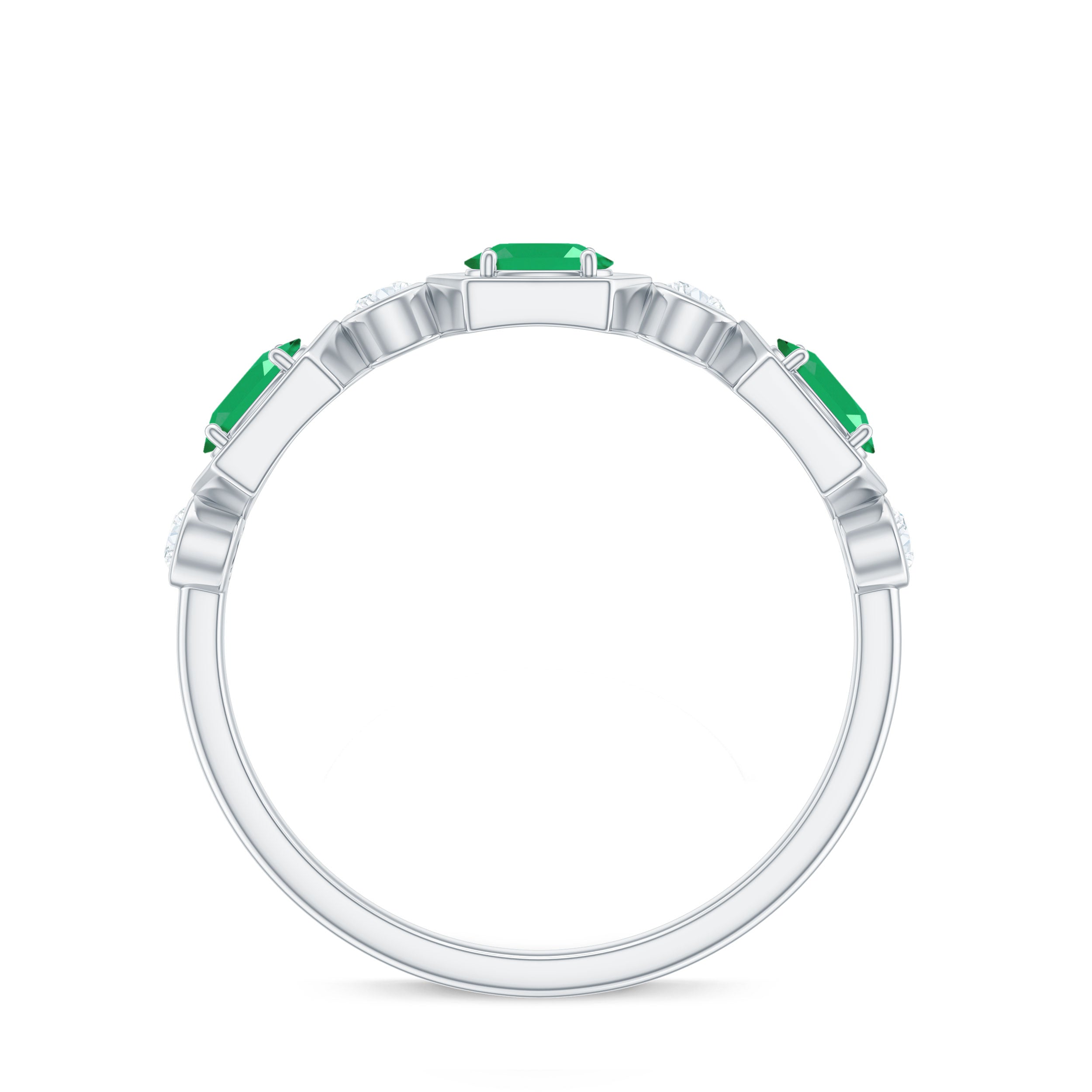 Classic Oval Emerald Diamond Half Eternity Band Ring in East West Style