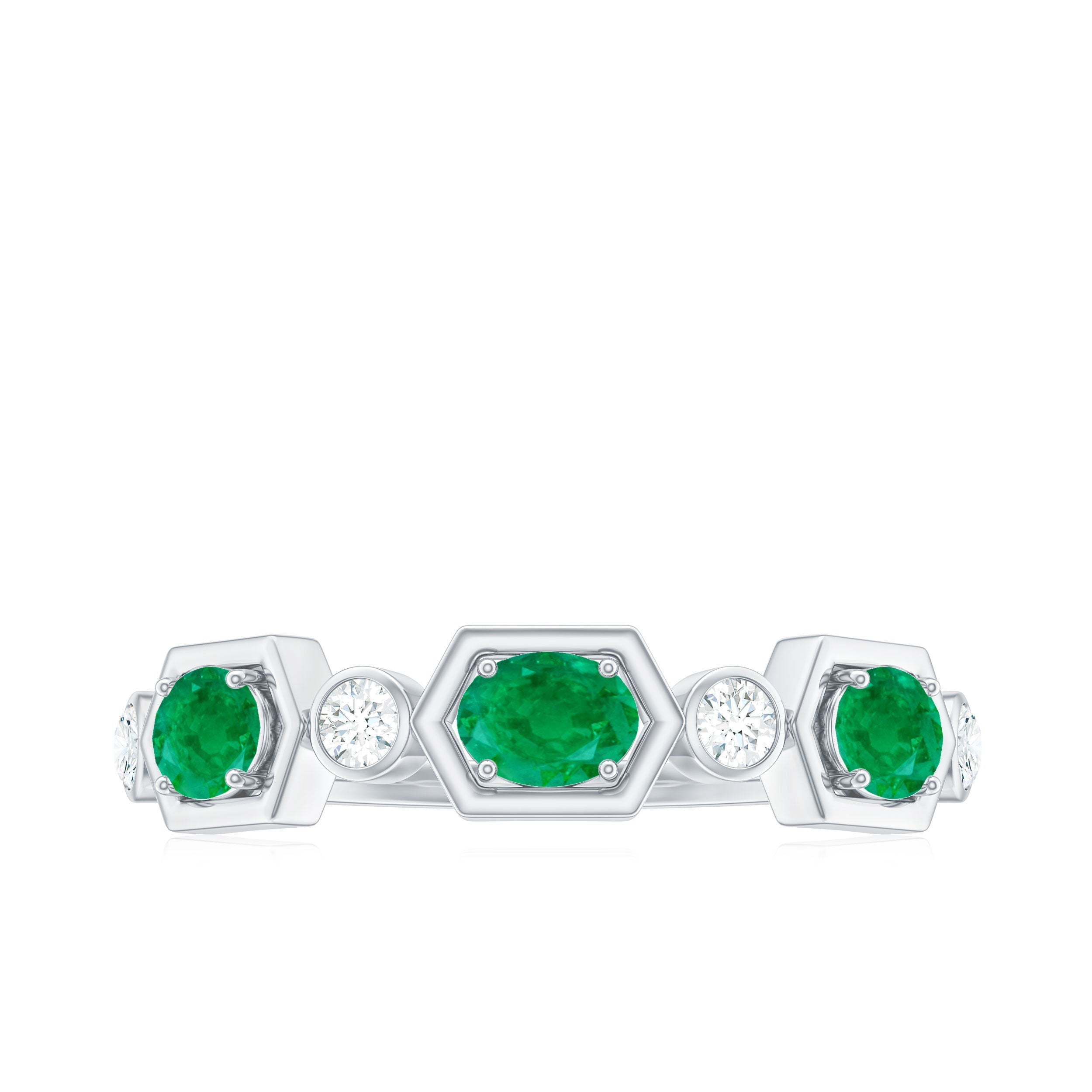 Classic Oval Emerald Diamond Half Eternity Band Ring in East West Style