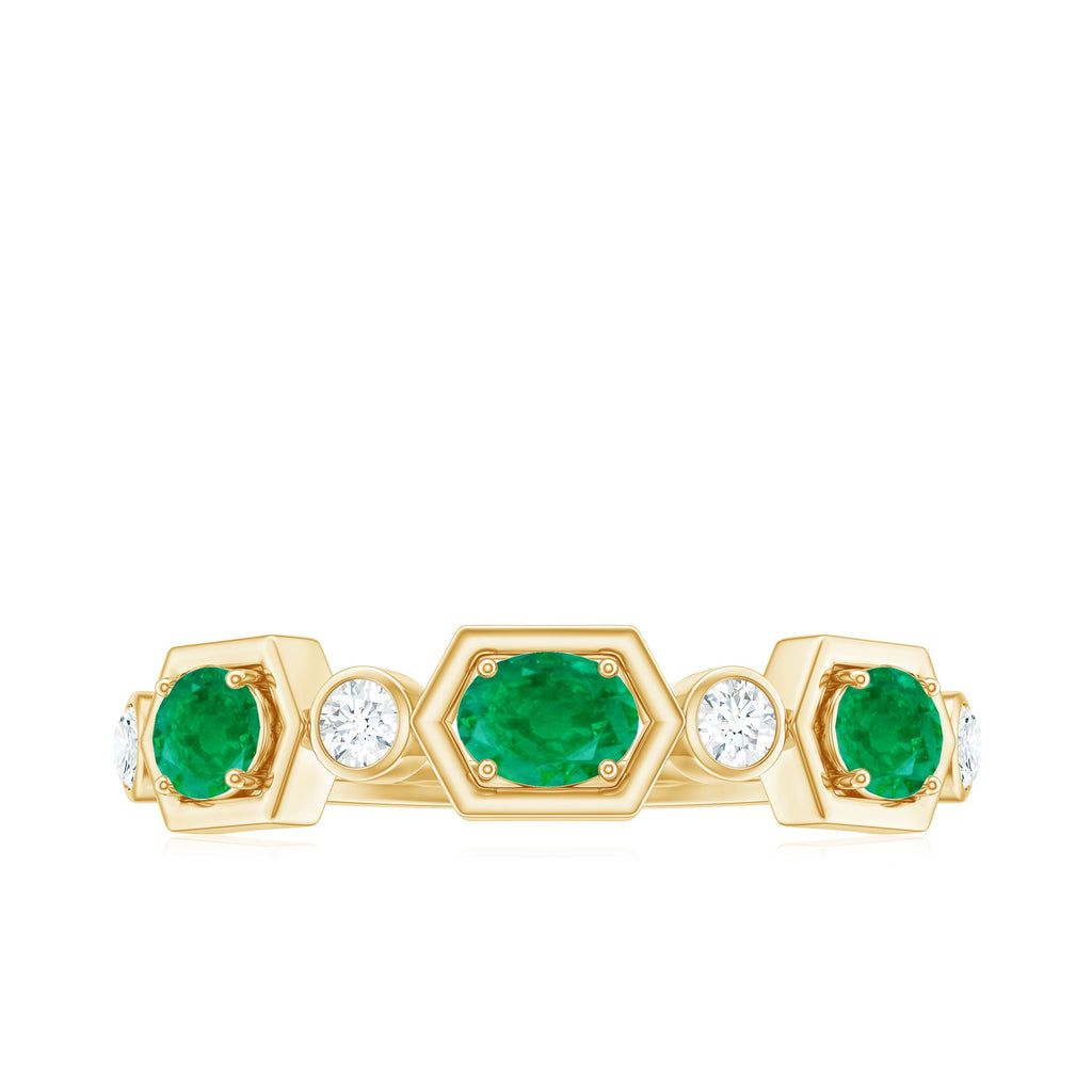 Classic Oval Emerald Diamond Half Eternity Band Ring in East West Style