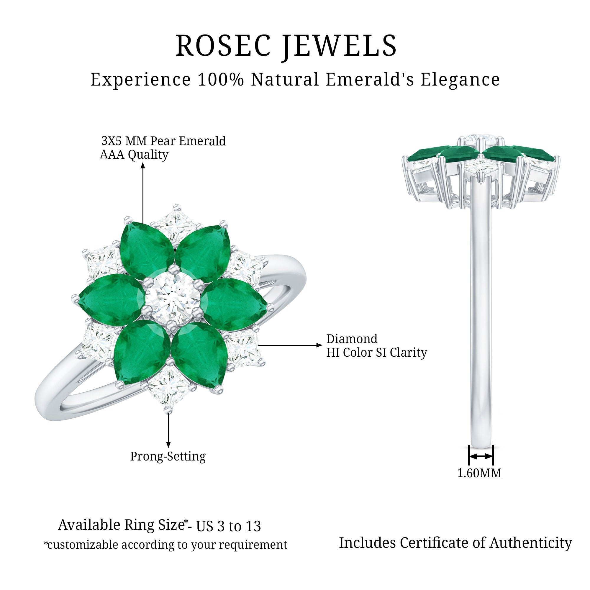 Genuine Emerald and Diamond Nature Inspired Statement Ring