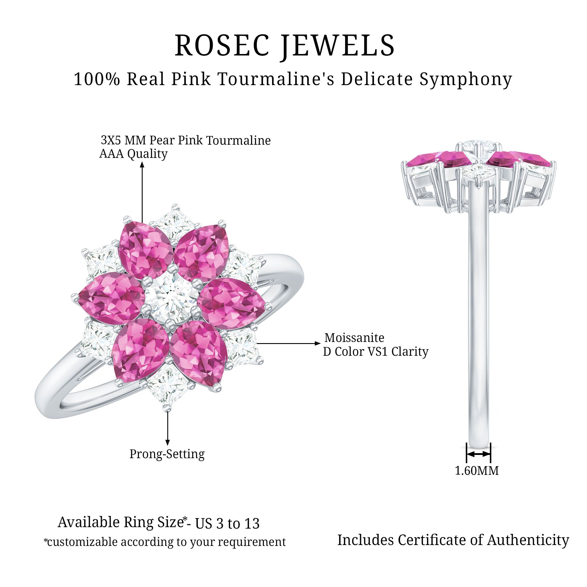 Natural Pink Tourmaline Flower Ring with Moissanite