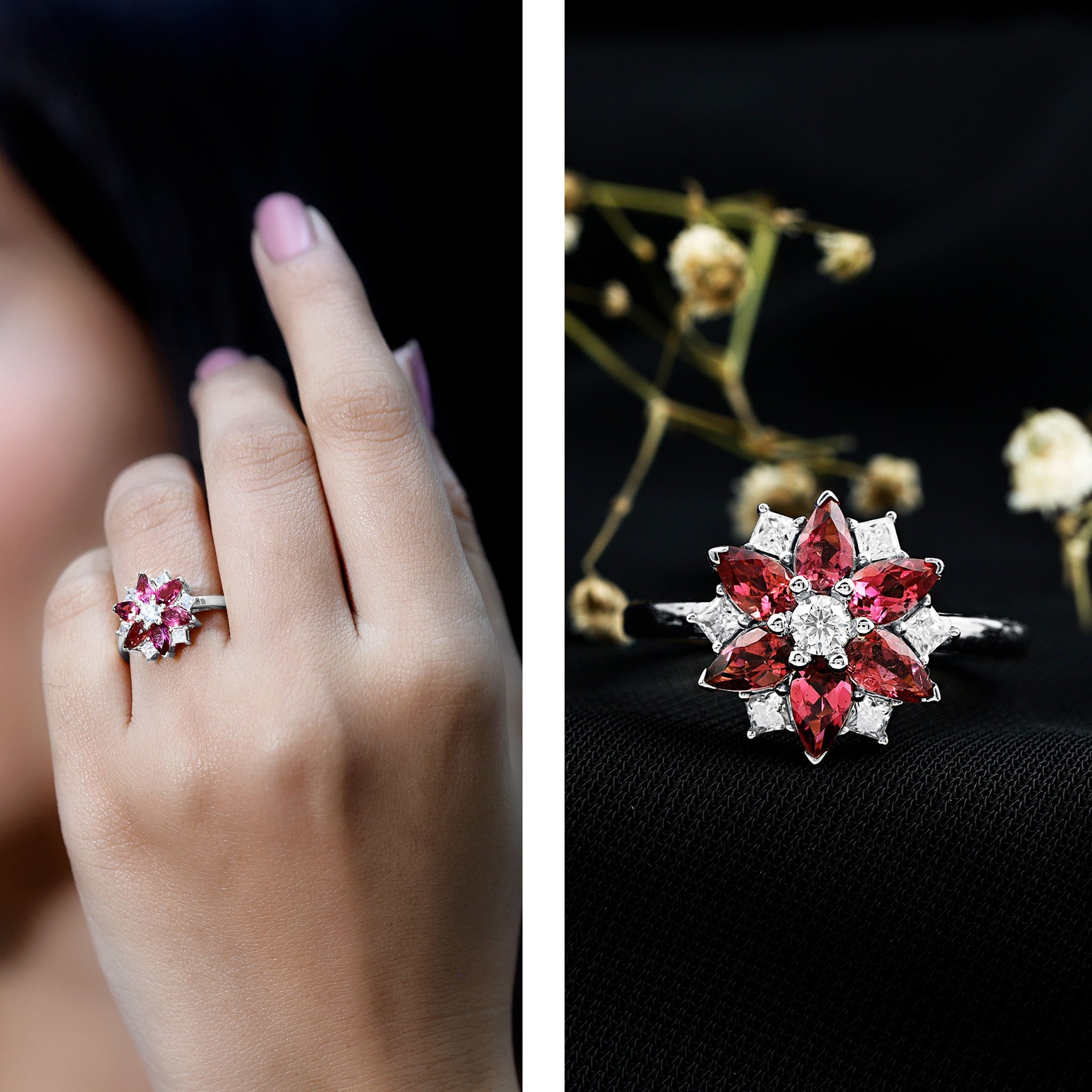 Natural Pink Tourmaline Flower Ring with Moissanite