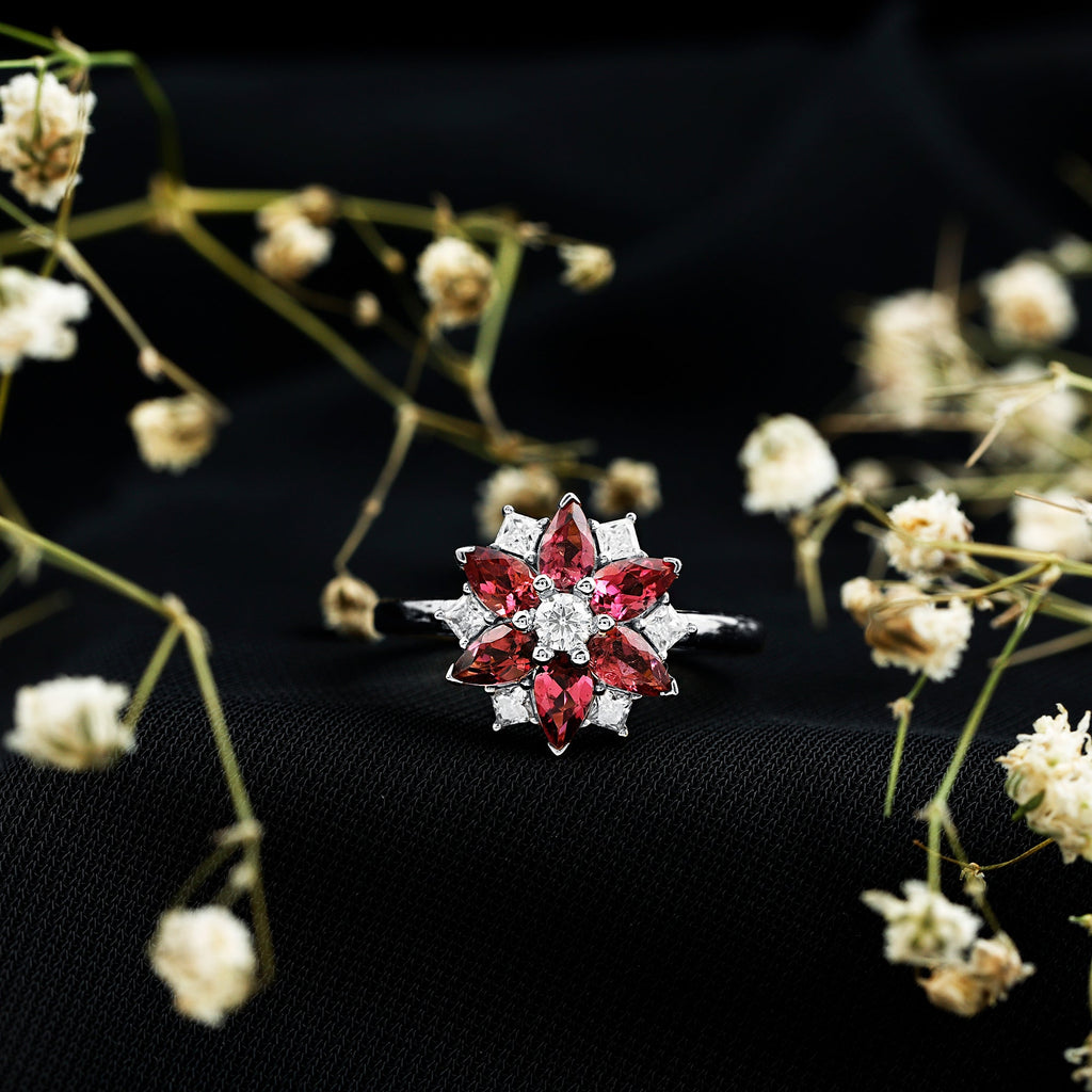 Natural Pink Tourmaline Flower Ring with Moissanite