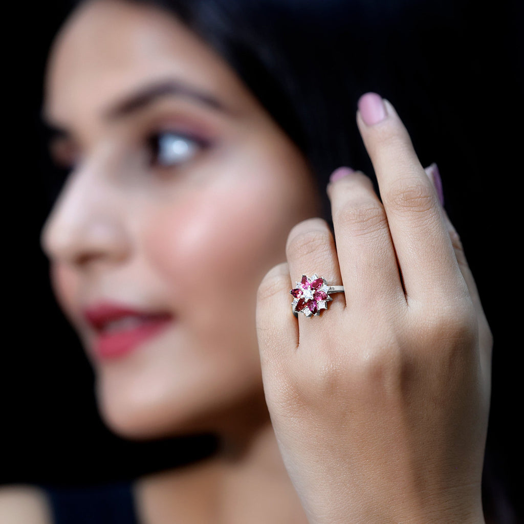 Natural Pink Tourmaline Flower Ring with Moissanite