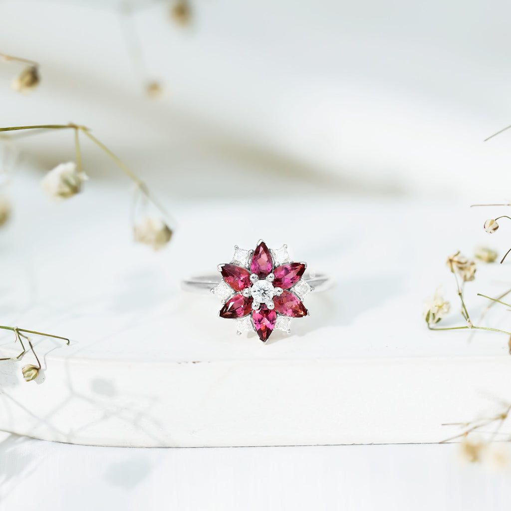 Natural Pink Tourmaline Flower Ring with Moissanite