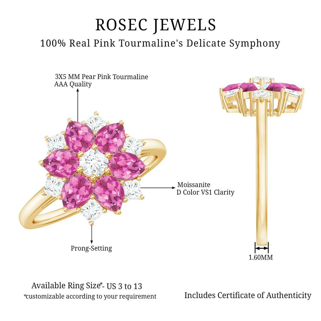 Natural Pink Tourmaline Flower Ring with Moissanite