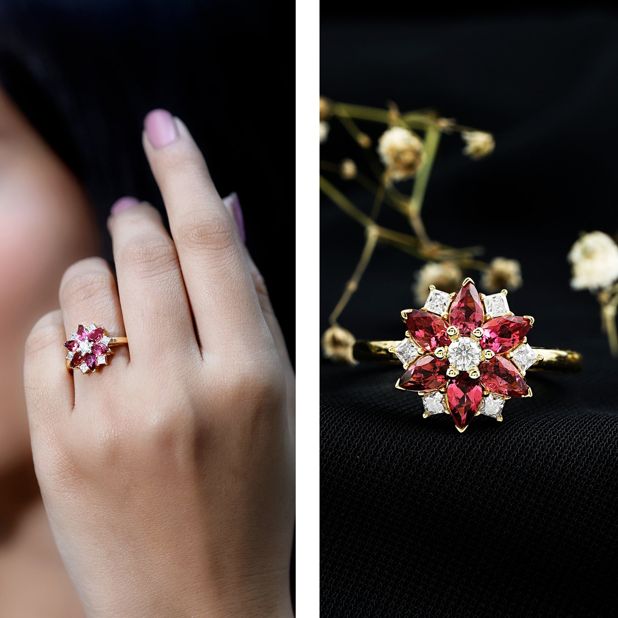 Natural Pink Tourmaline Flower Ring with Moissanite
