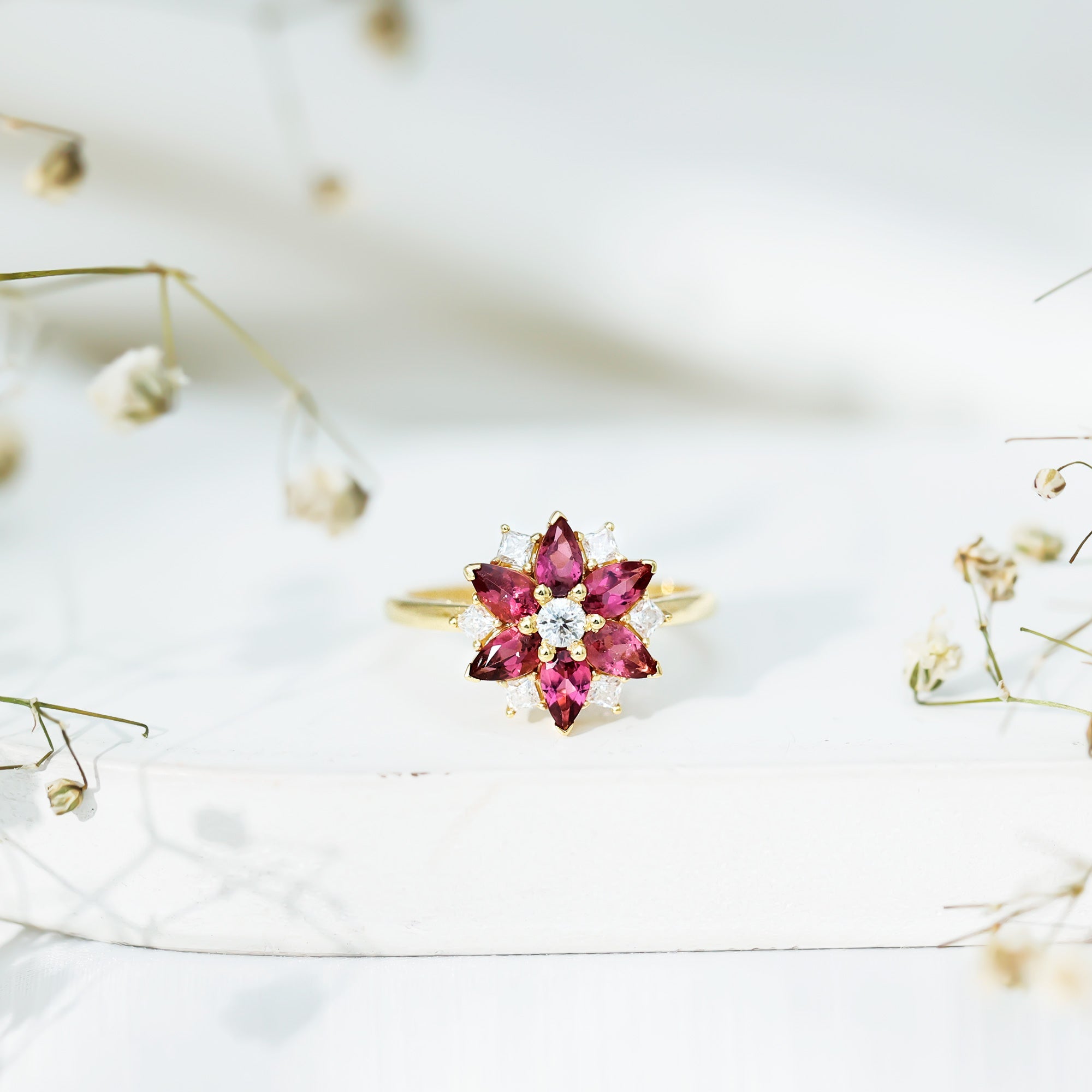 Natural Pink Tourmaline Flower Ring with Moissanite