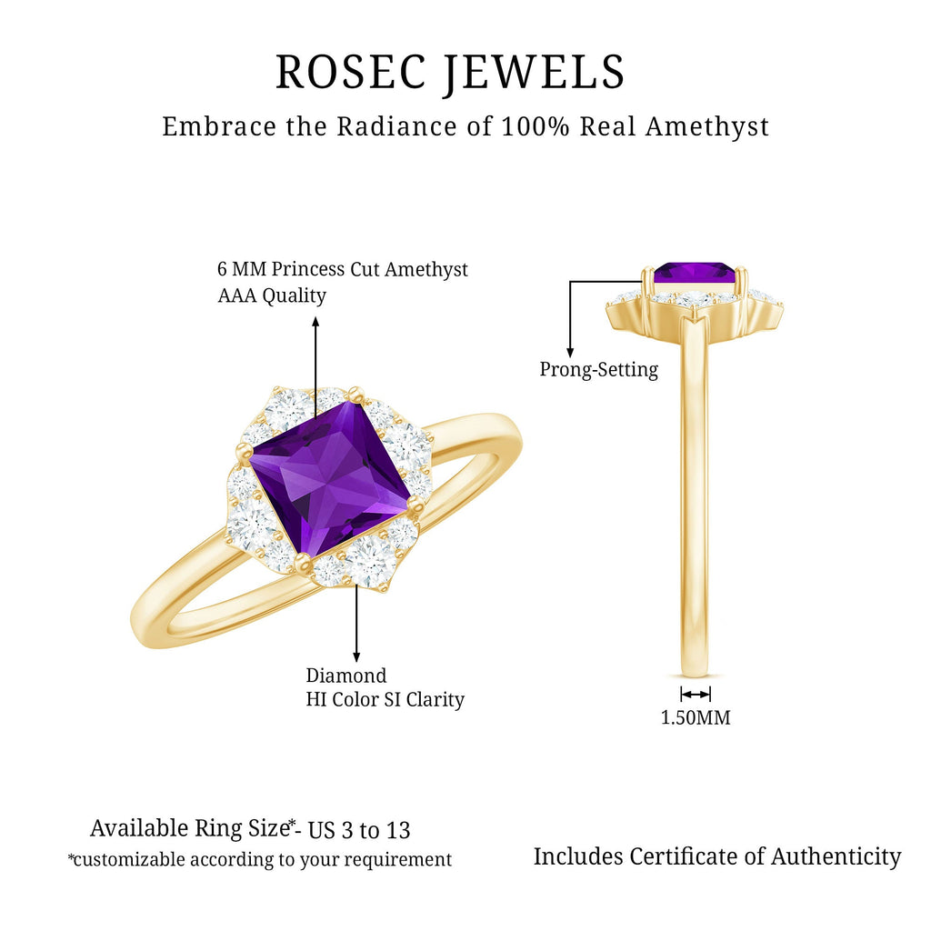 Princess Cut Amethyst and Diamond Flower Halo Ring