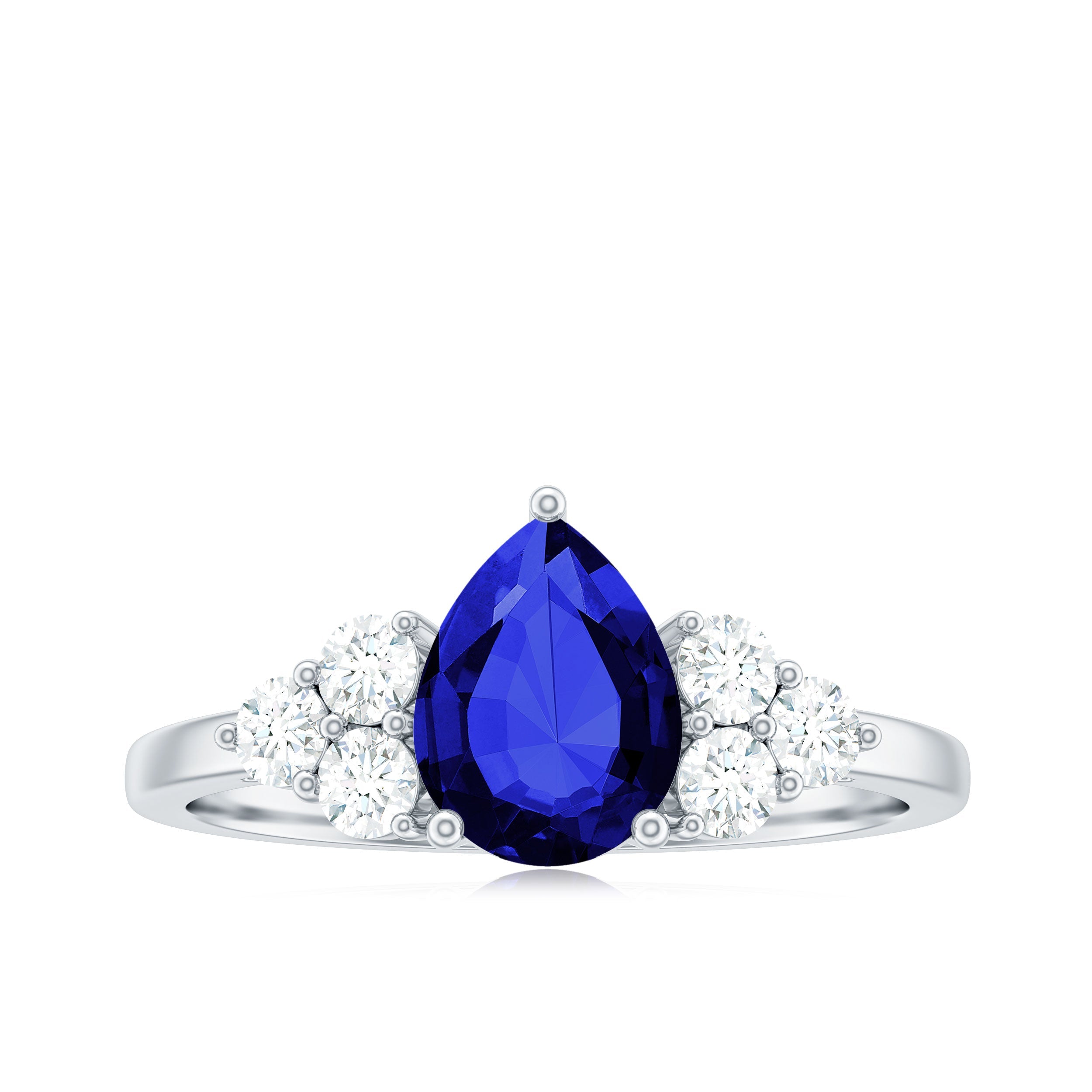 Certified 1.6 Carat Lab Grown Blue Sapphire Pear Engagement Ring with Diamond Trio