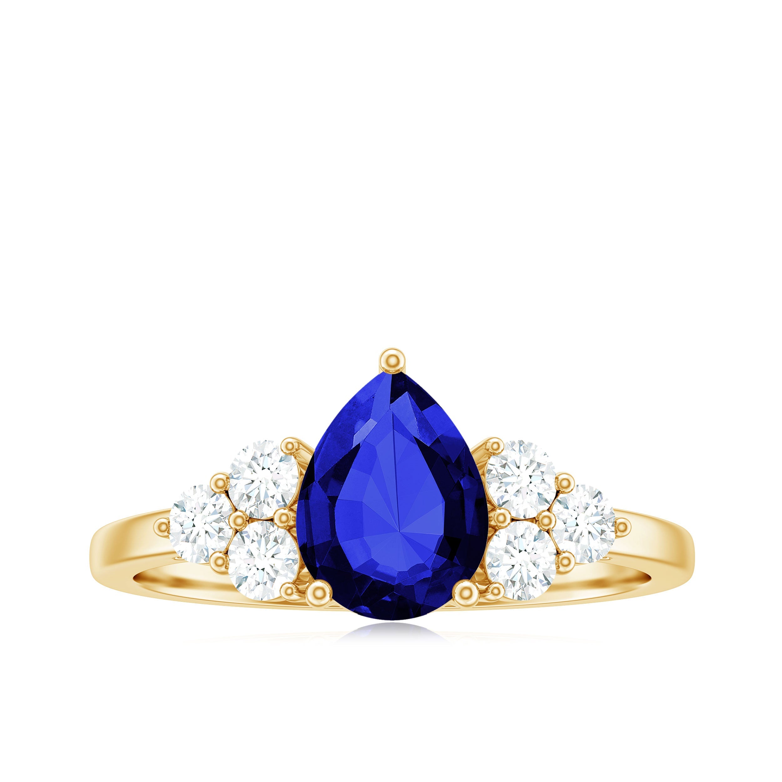 Certified 1.6 Carat Lab Grown Blue Sapphire Pear Engagement Ring with Diamond Trio