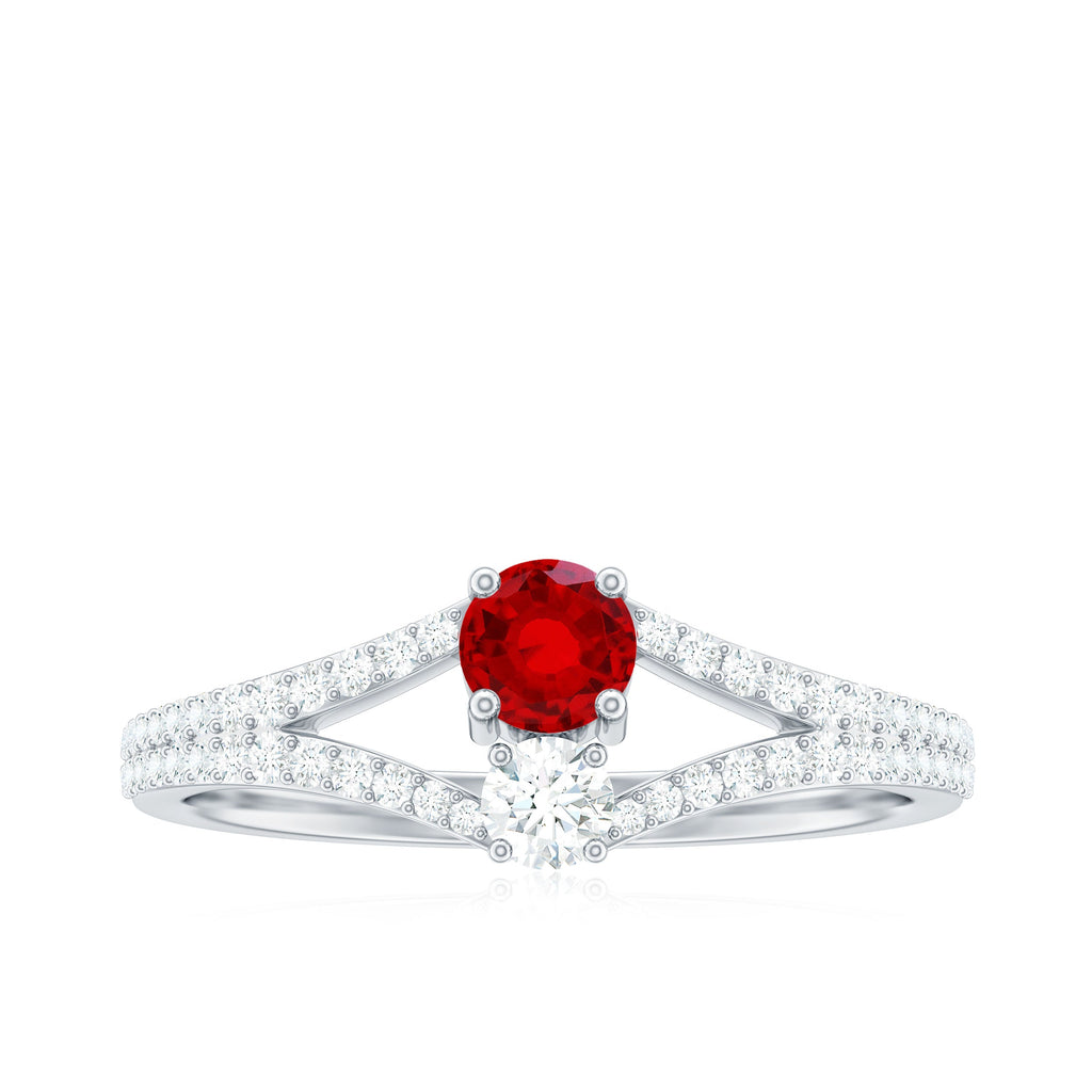Created Ruby and Diamond Two Stone Split Shank Engagement Ring