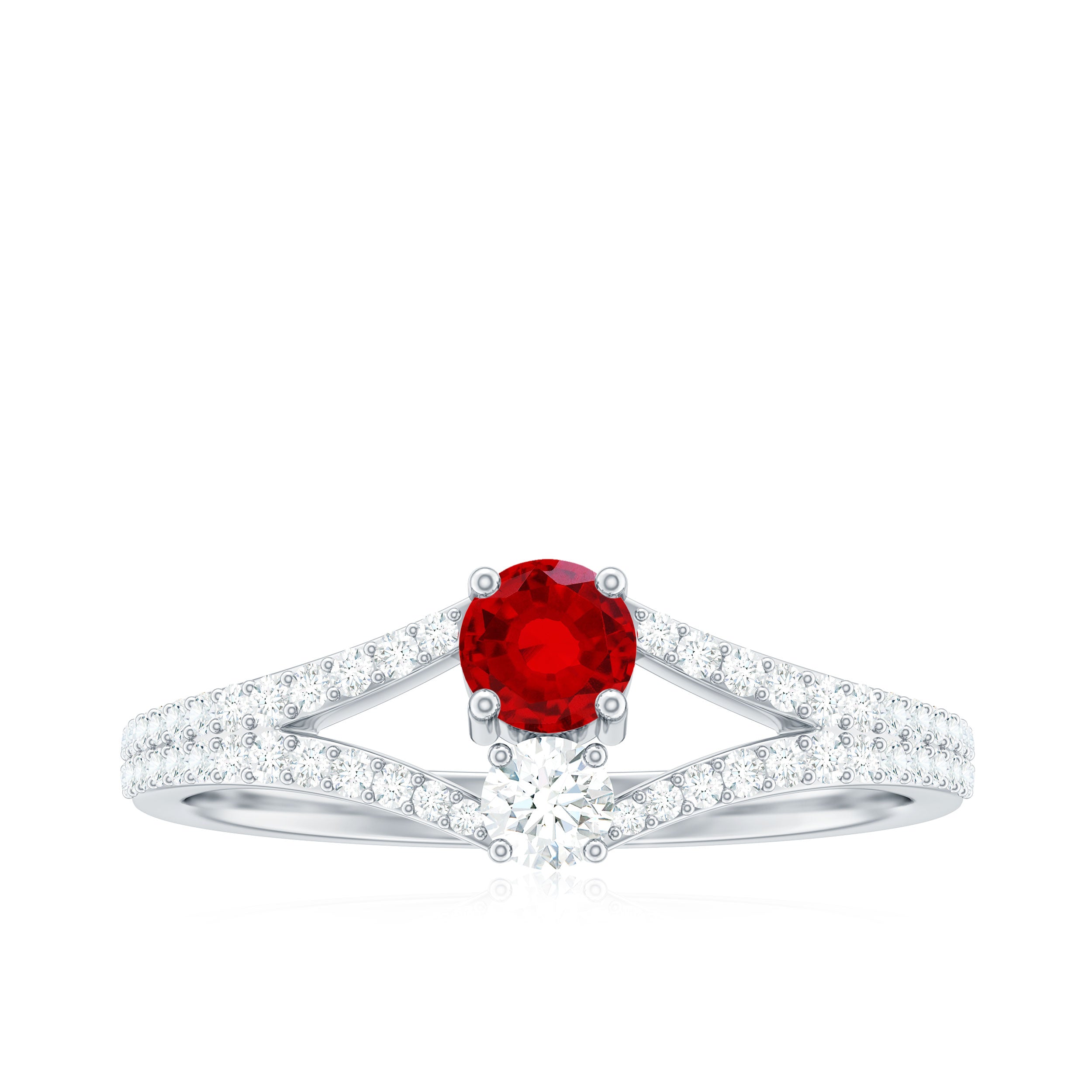 Created Ruby and Diamond Two Stone Split Shank Engagement Ring