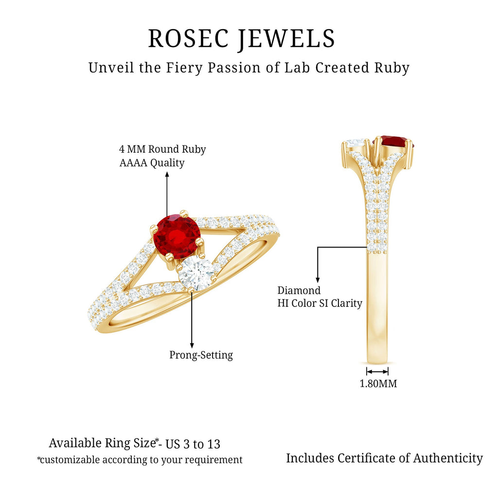 Created Ruby and Diamond Two Stone Split Shank Engagement Ring