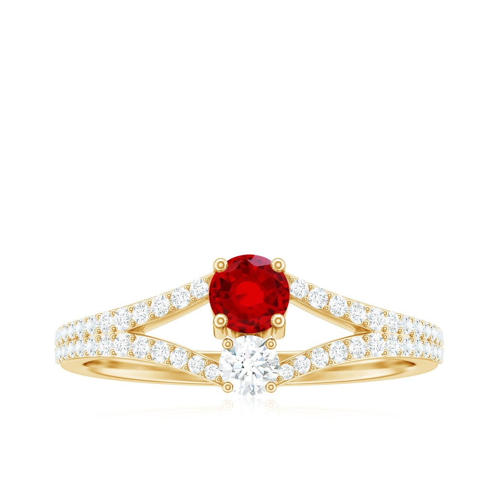 Created Ruby and Diamond Two Stone Split Shank Engagement Ring