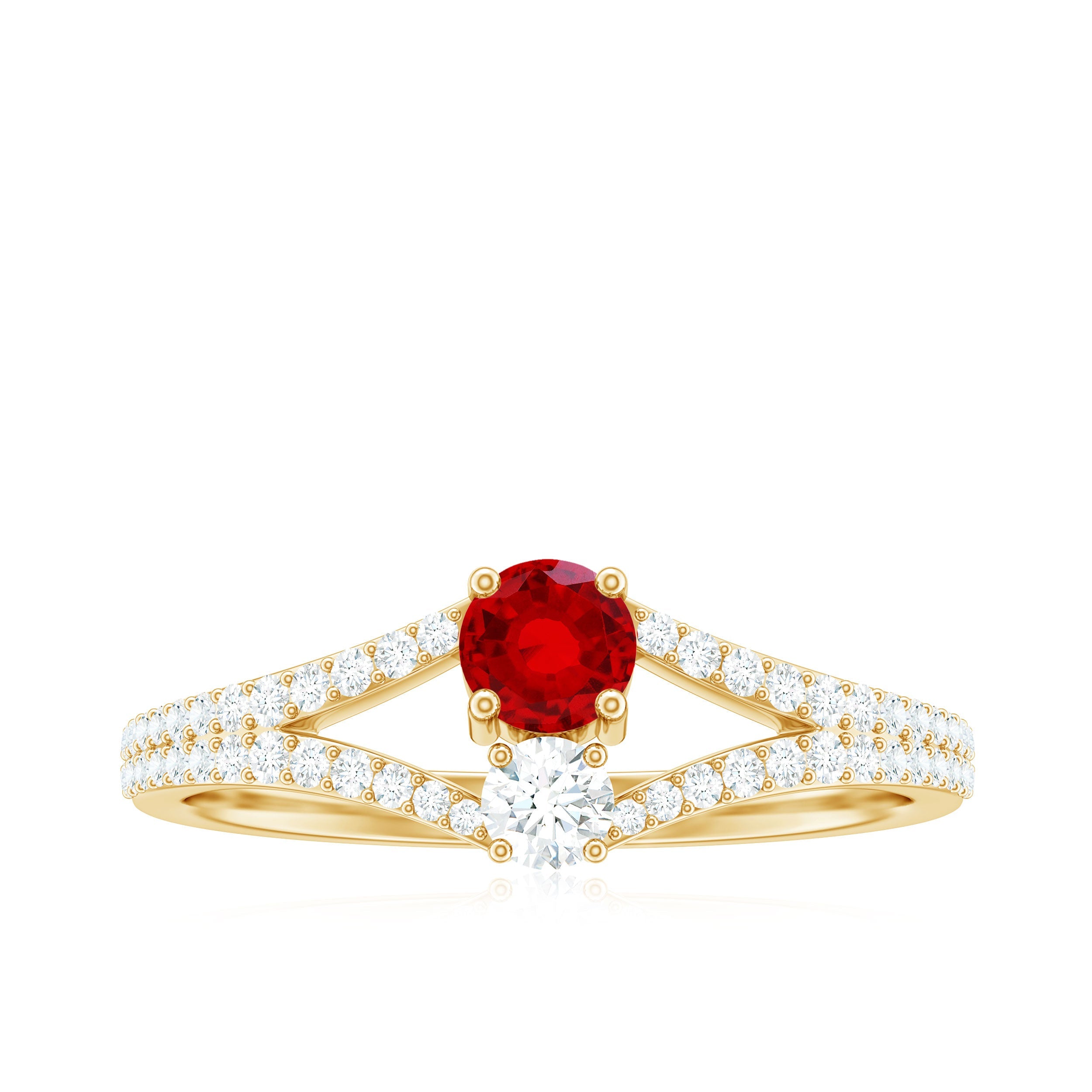 Created Ruby and Diamond Two Stone Split Shank Engagement Ring