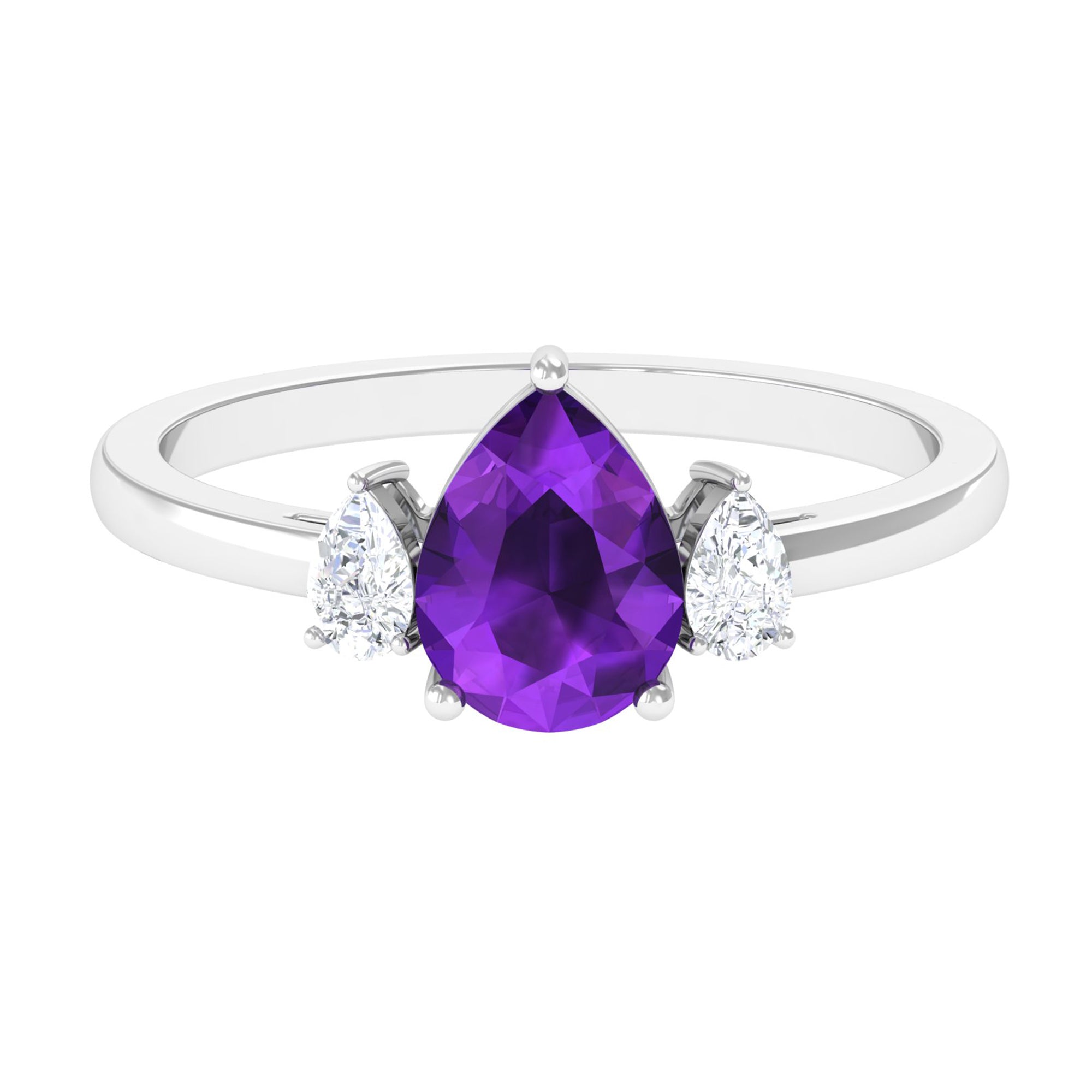 Pear Shape Amethyst Solitaire Ring with Diamond Side Stones
