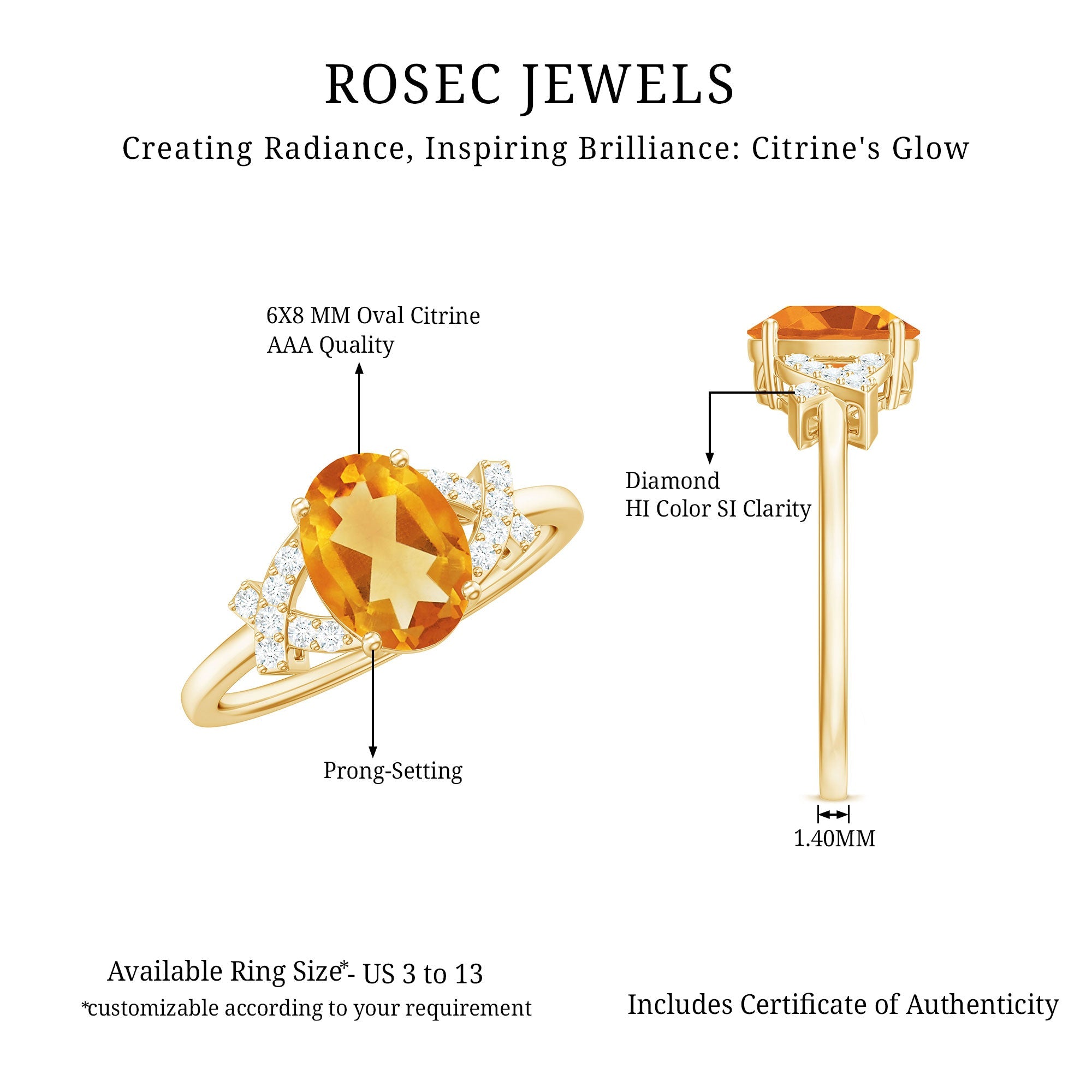 Natural 6X8mm Citrine Oval Engagement Ring with Diamond