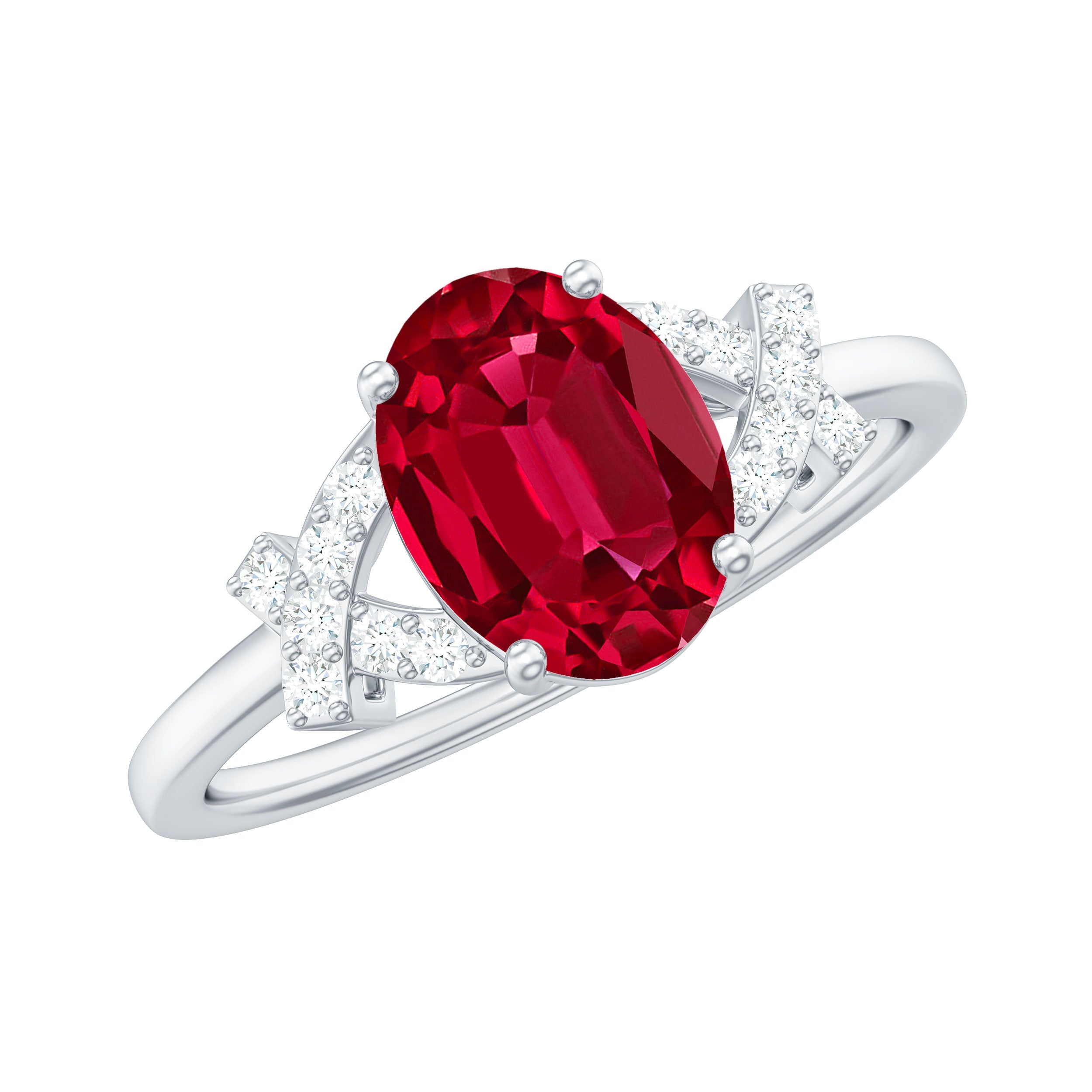 Oval Shape Lab Grown Ruby Solitaire Split Shank Ring with Diamond