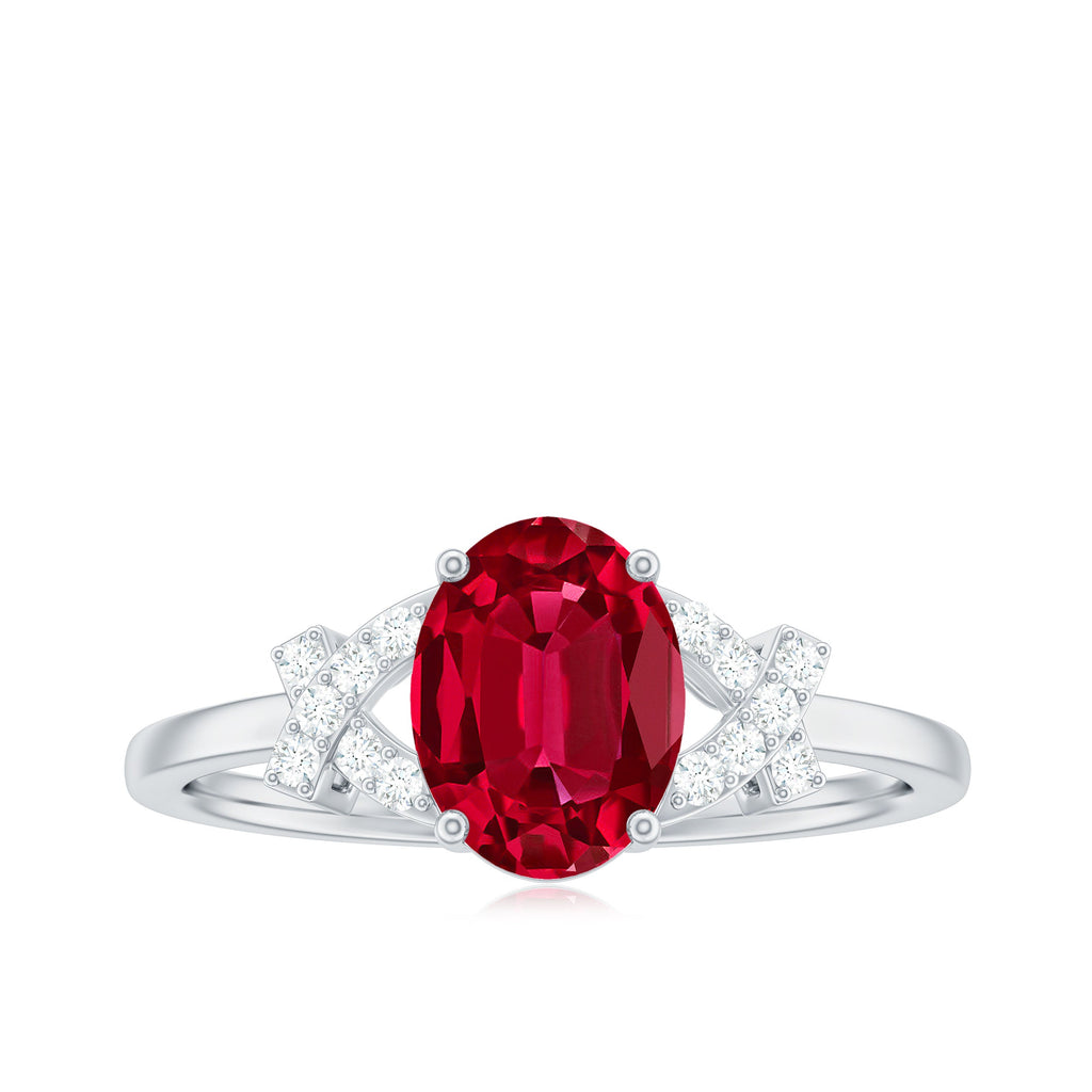 Oval Shape Lab Grown Ruby Solitaire Split Shank Ring with Diamond