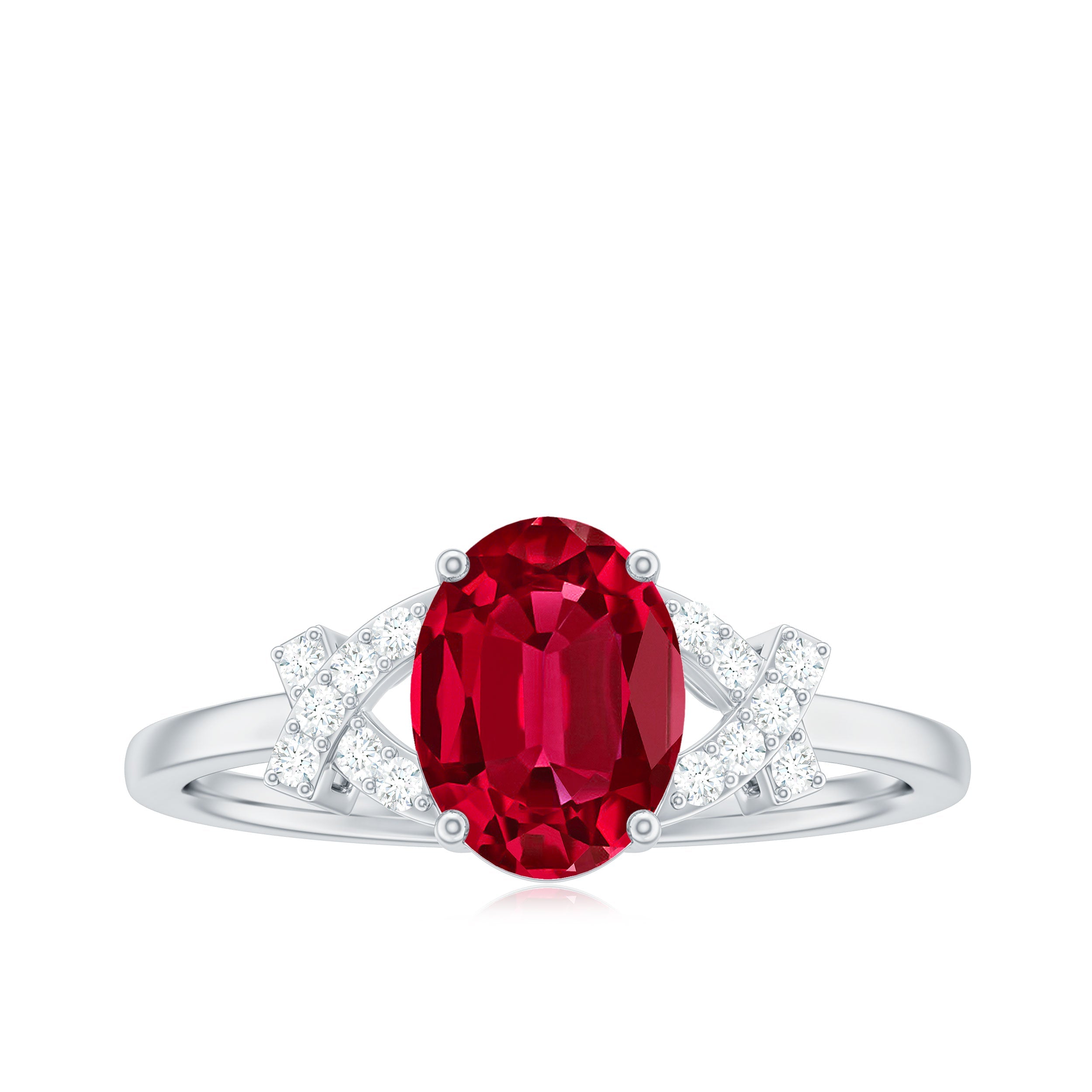 Oval Shape Lab Grown Ruby Solitaire Split Shank Ring with Diamond