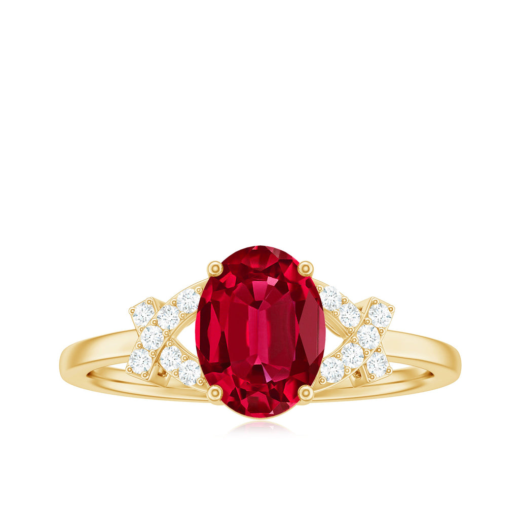 Oval Shape Lab Grown Ruby Solitaire Split Shank Ring with Diamond
