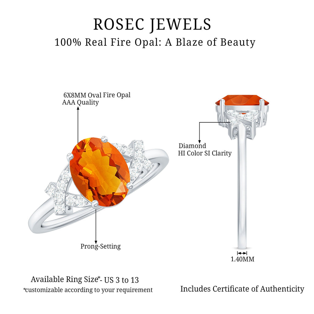 Split Shank Oval Fire Opal and Diamond Solitaire Engagement Ring