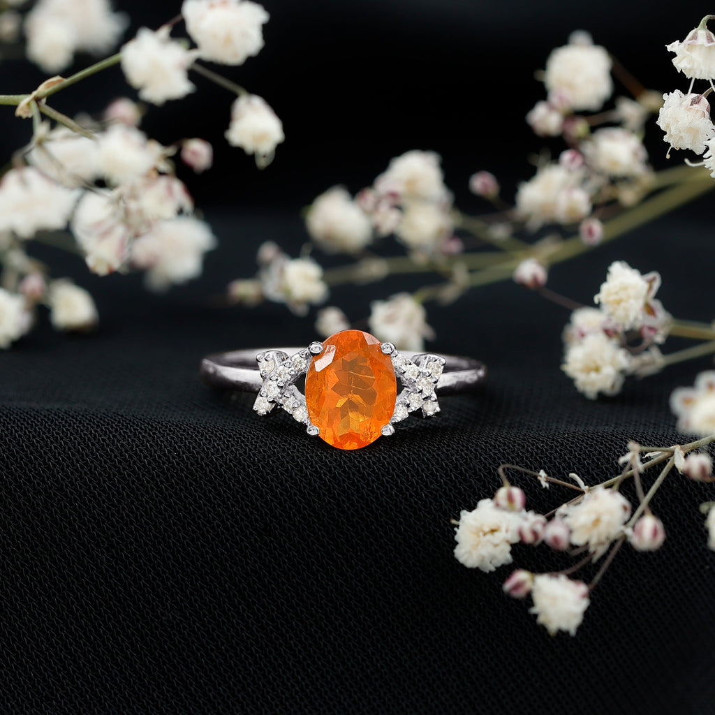 Split Shank Oval Fire Opal and Diamond Solitaire Engagement Ring