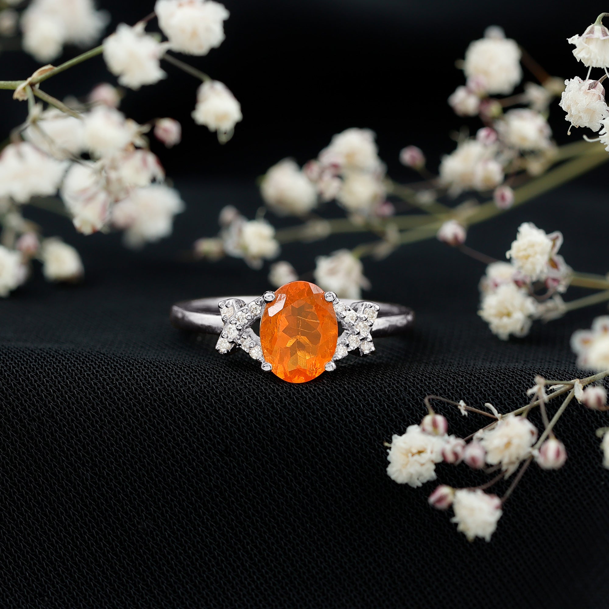 Split Shank Oval Fire Opal and Diamond Solitaire Engagement Ring