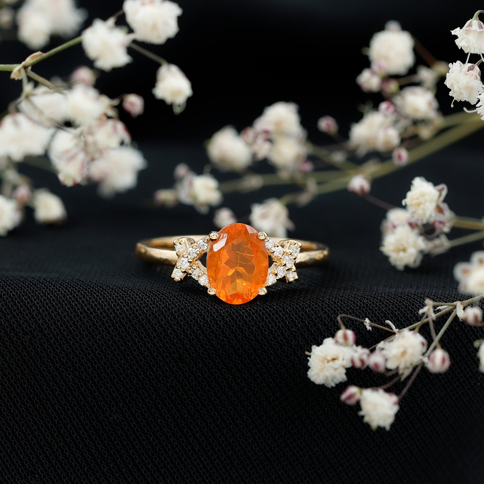Split Shank Oval Fire Opal and Diamond Solitaire Engagement Ring