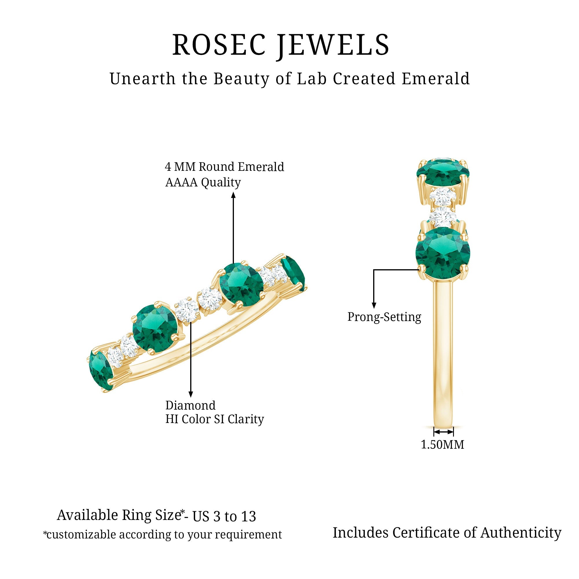 Certified Lab Grown Emerald Diamond Half Eternity Ring in Prong Set