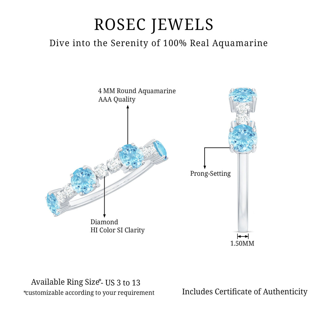 Aquamarine and Diamond Half Eternity Ring in Prong Setting