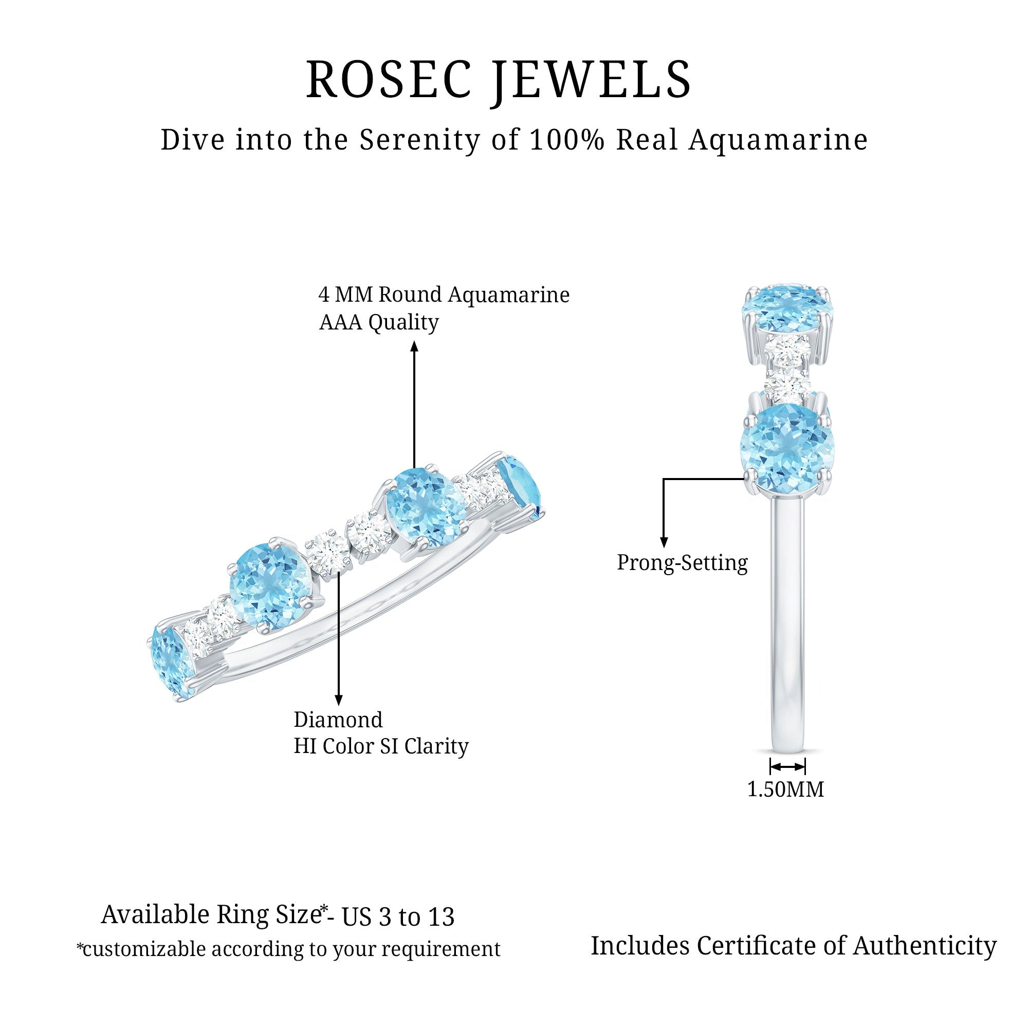 Aquamarine and Diamond Half Eternity Ring in Prong Setting