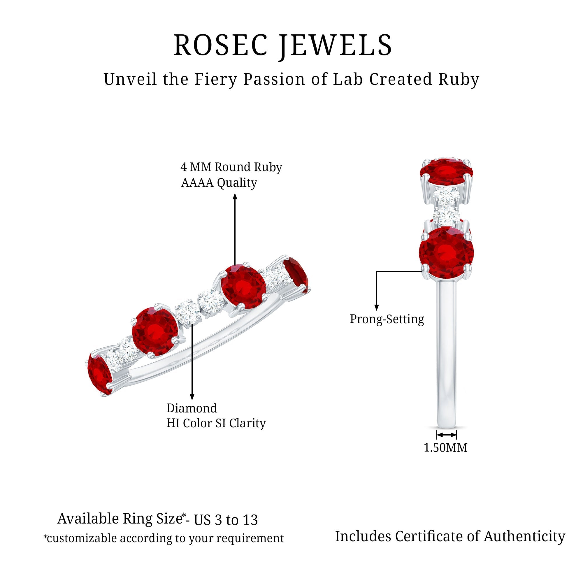 Round Created Ruby and Diamond Alternate Half Eternity Ring