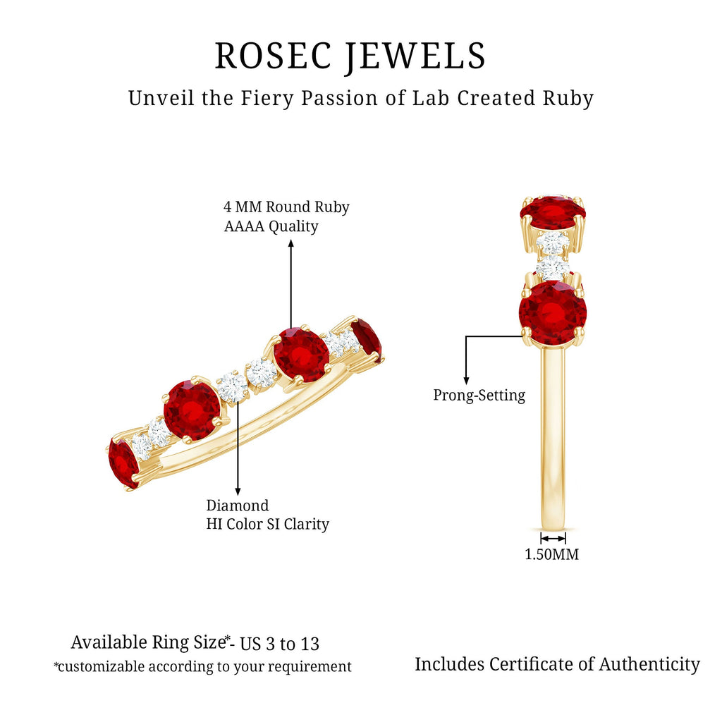 Round Created Ruby and Diamond Alternate Half Eternity Ring