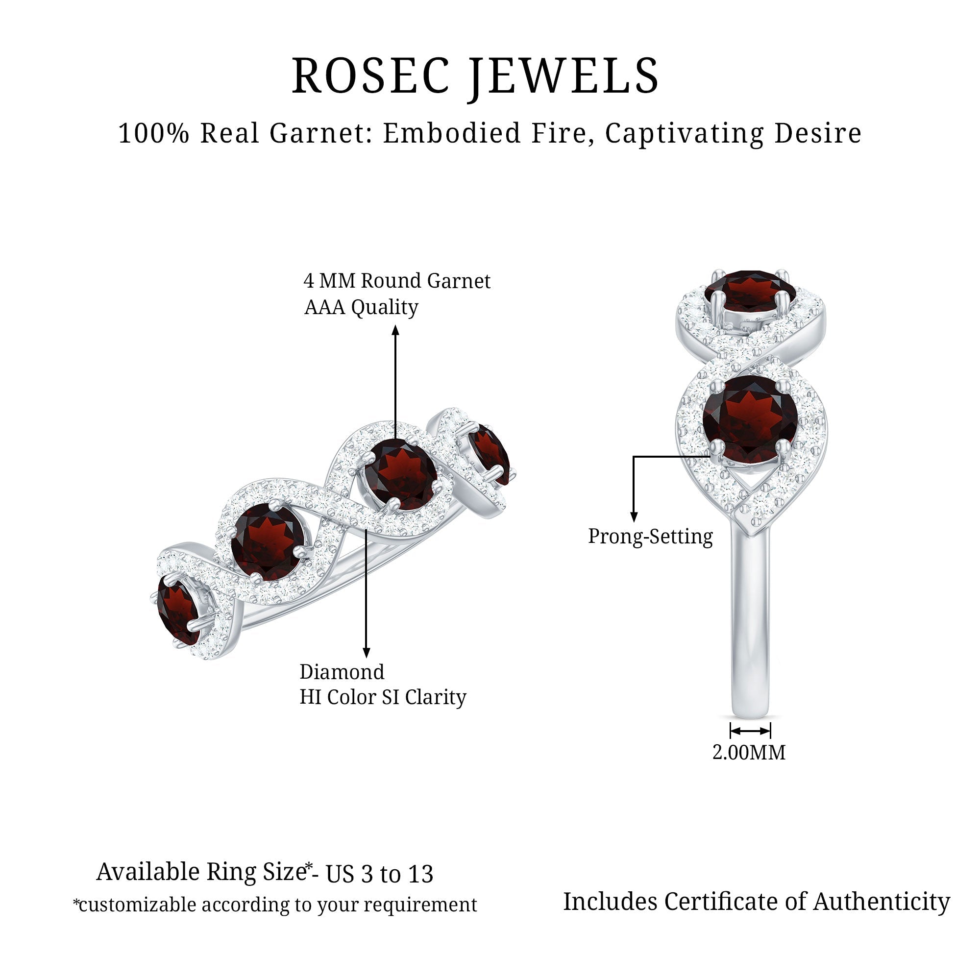Natural Garnet Diamond Infinity Eternity Ring with Braided Shank
