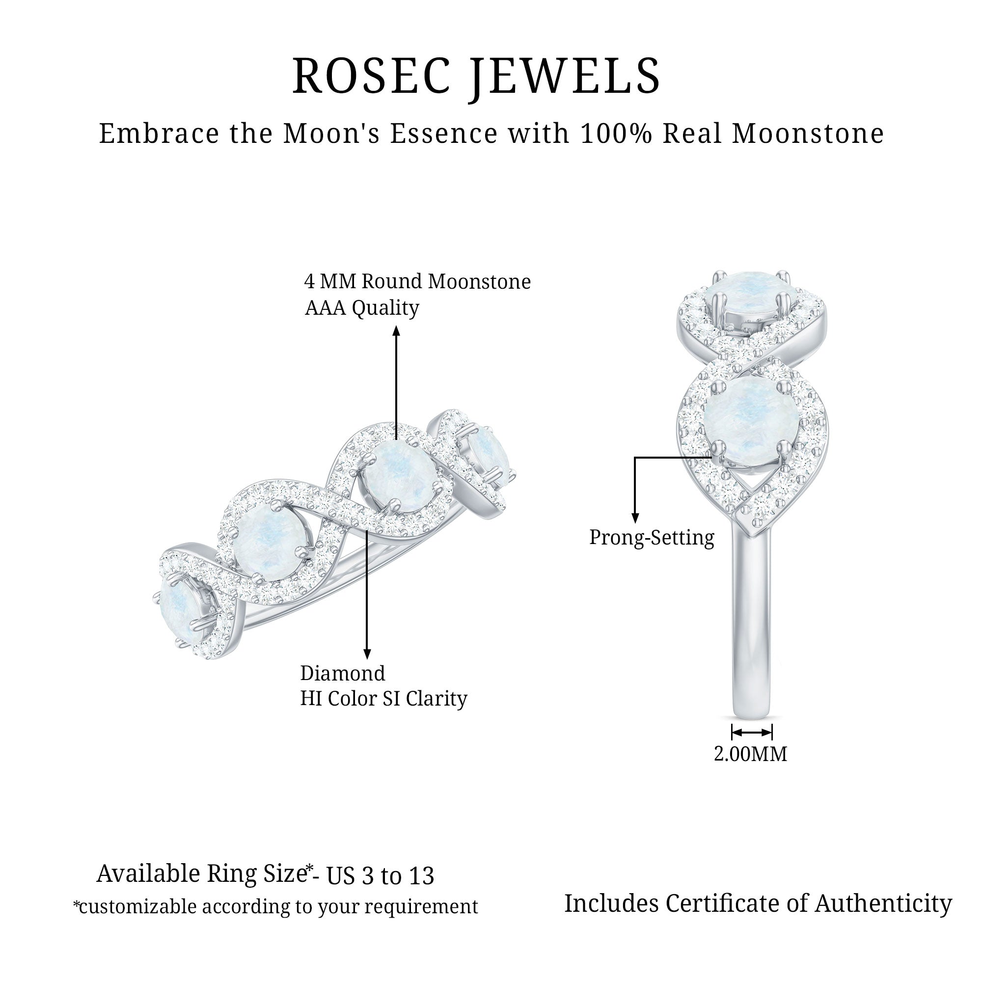 Genuine Moonstone Half Eternity Ring with Diamond