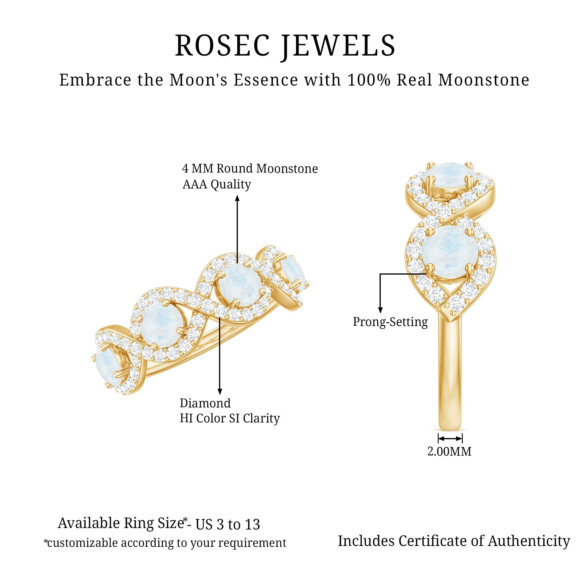 Genuine Moonstone Half Eternity Ring with Diamond