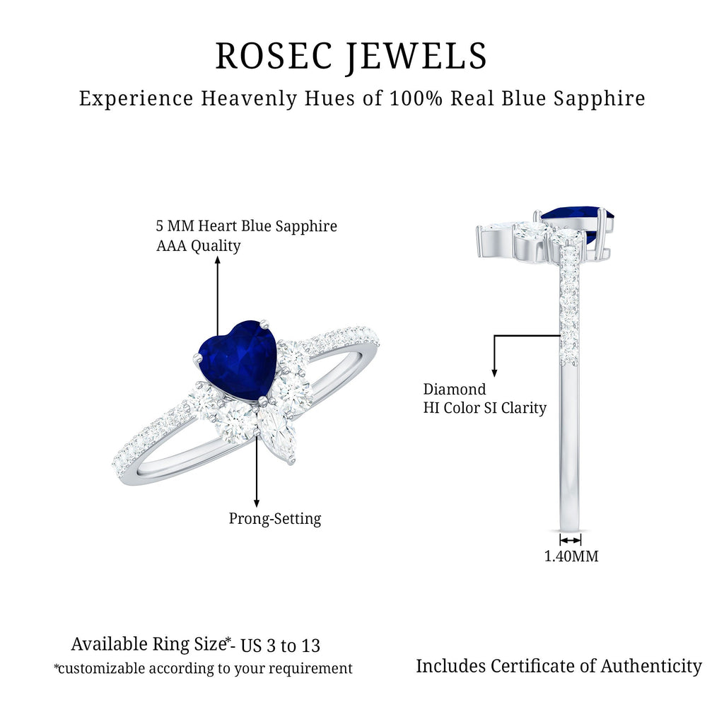 Heart Shaped Blue Sapphire Designer Ring with Diamond Half Halo