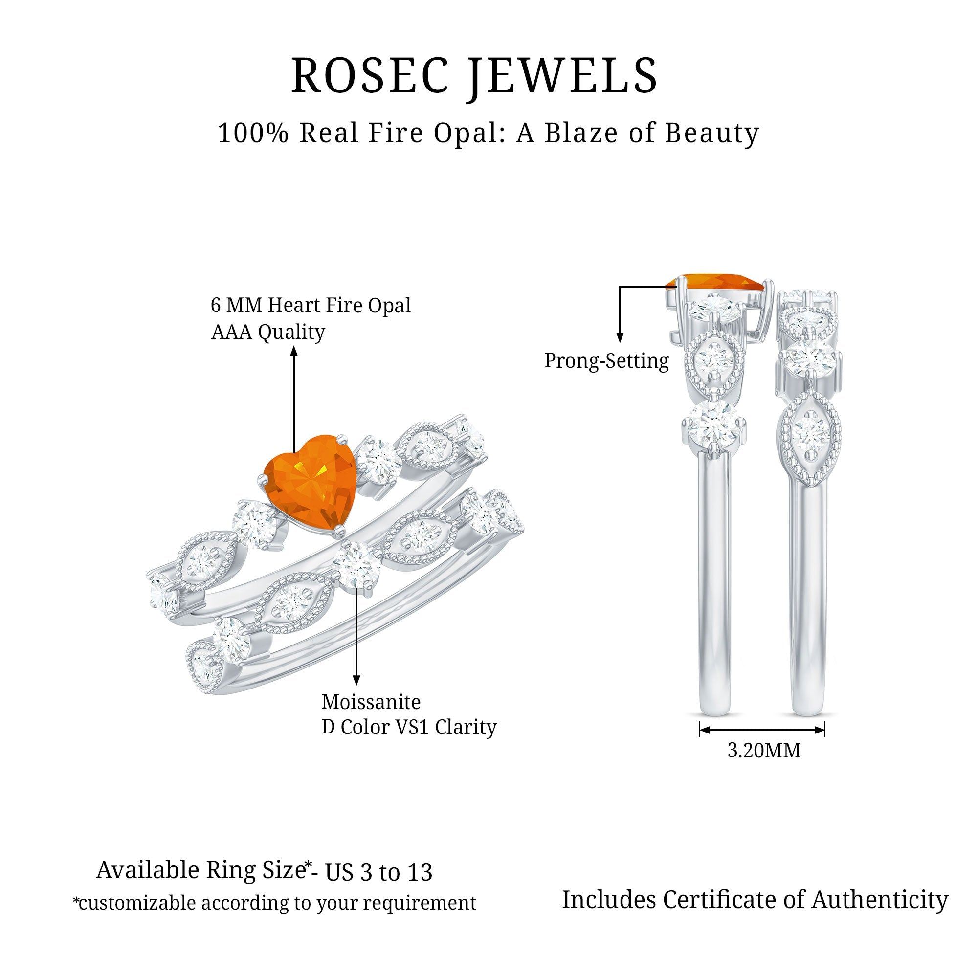Heart Fire Opal and Moissanite Wedding Ring Set