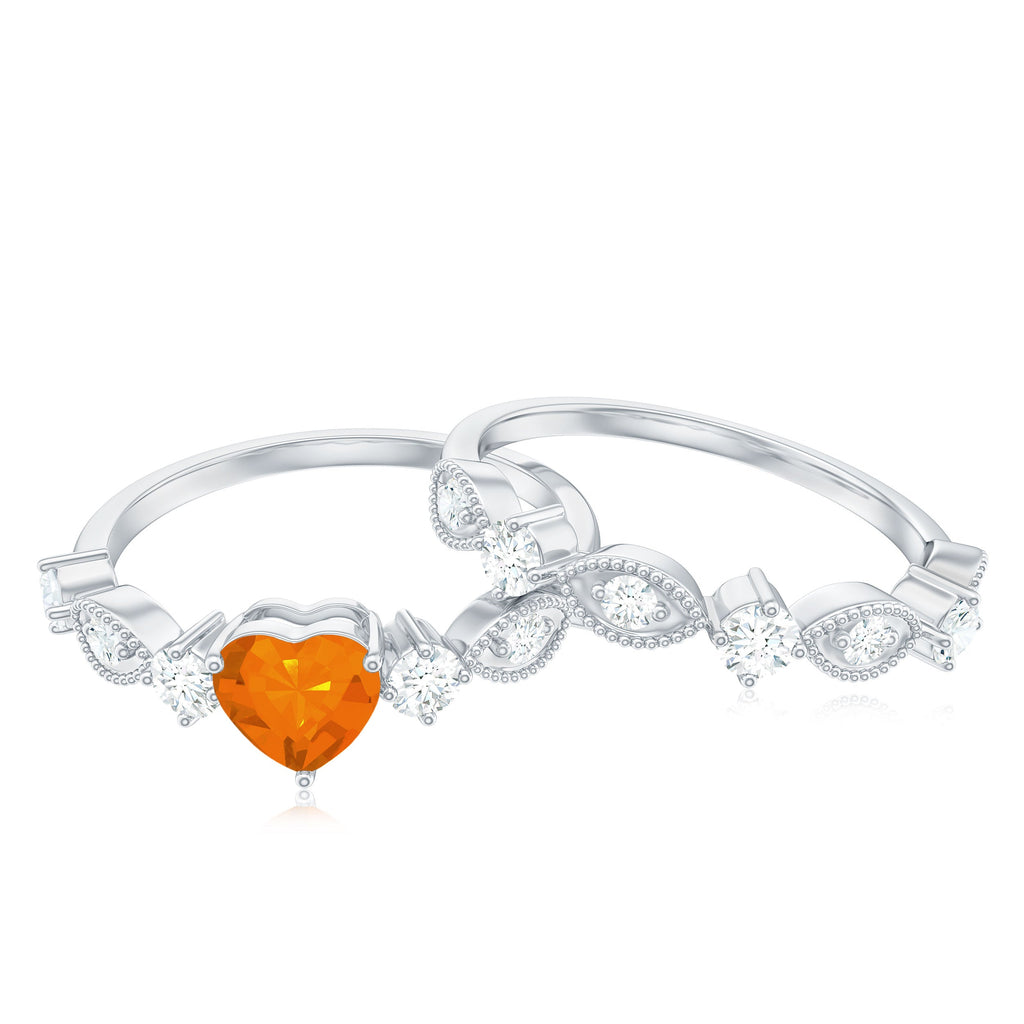 Heart Fire Opal and Moissanite Wedding Ring Set