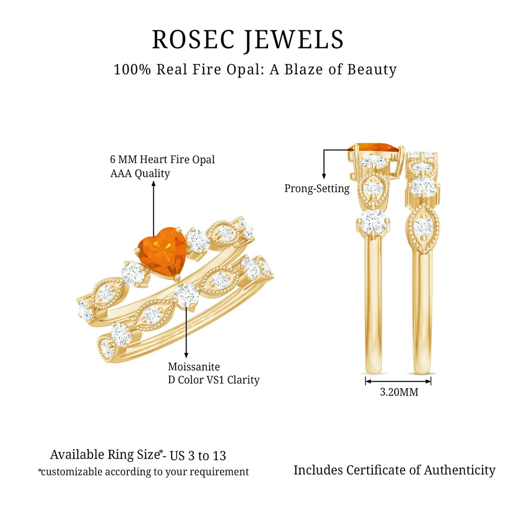 Heart Fire Opal and Moissanite Wedding Ring Set