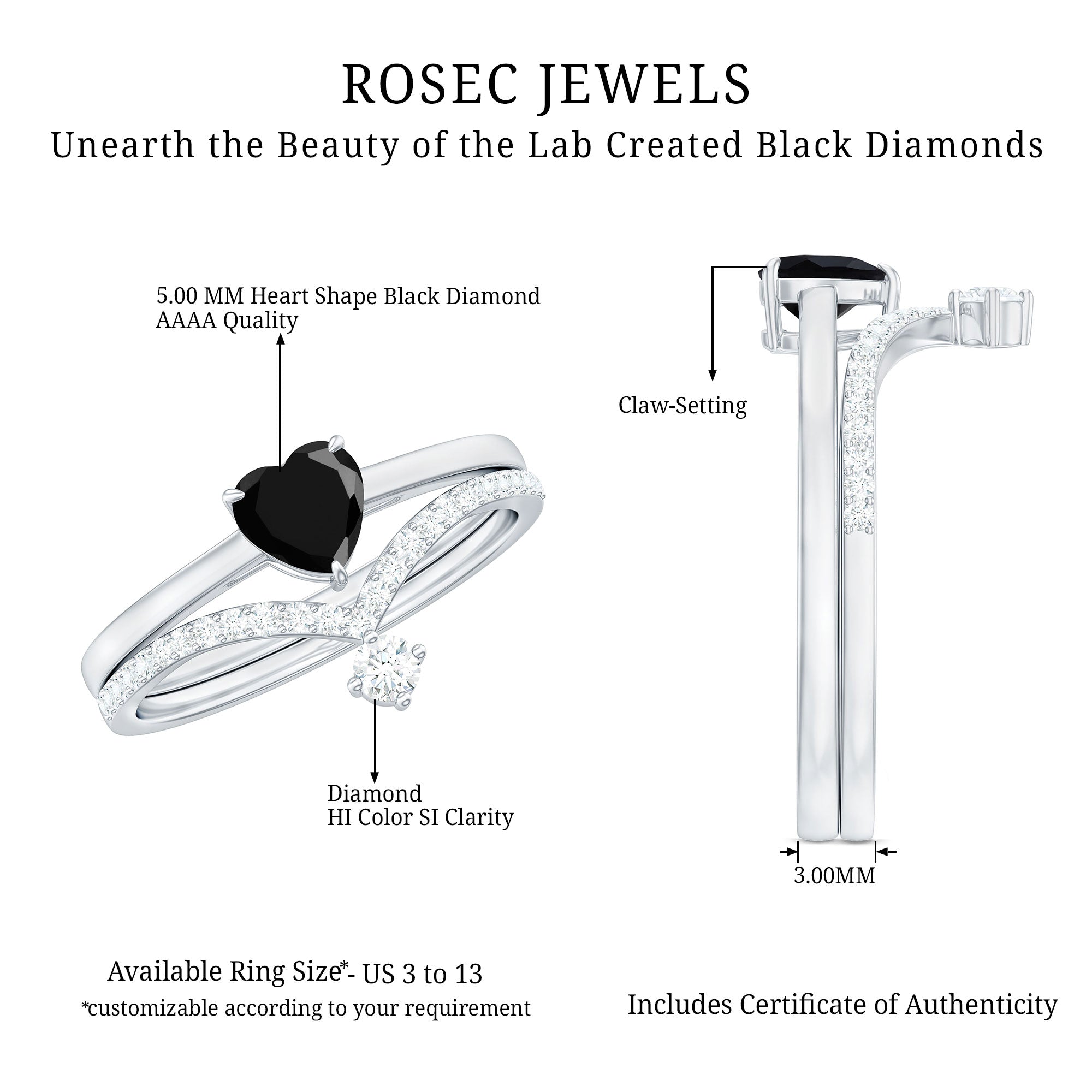 Heart Shape Created Black Diamond Solitaire Ring Set with Diamond