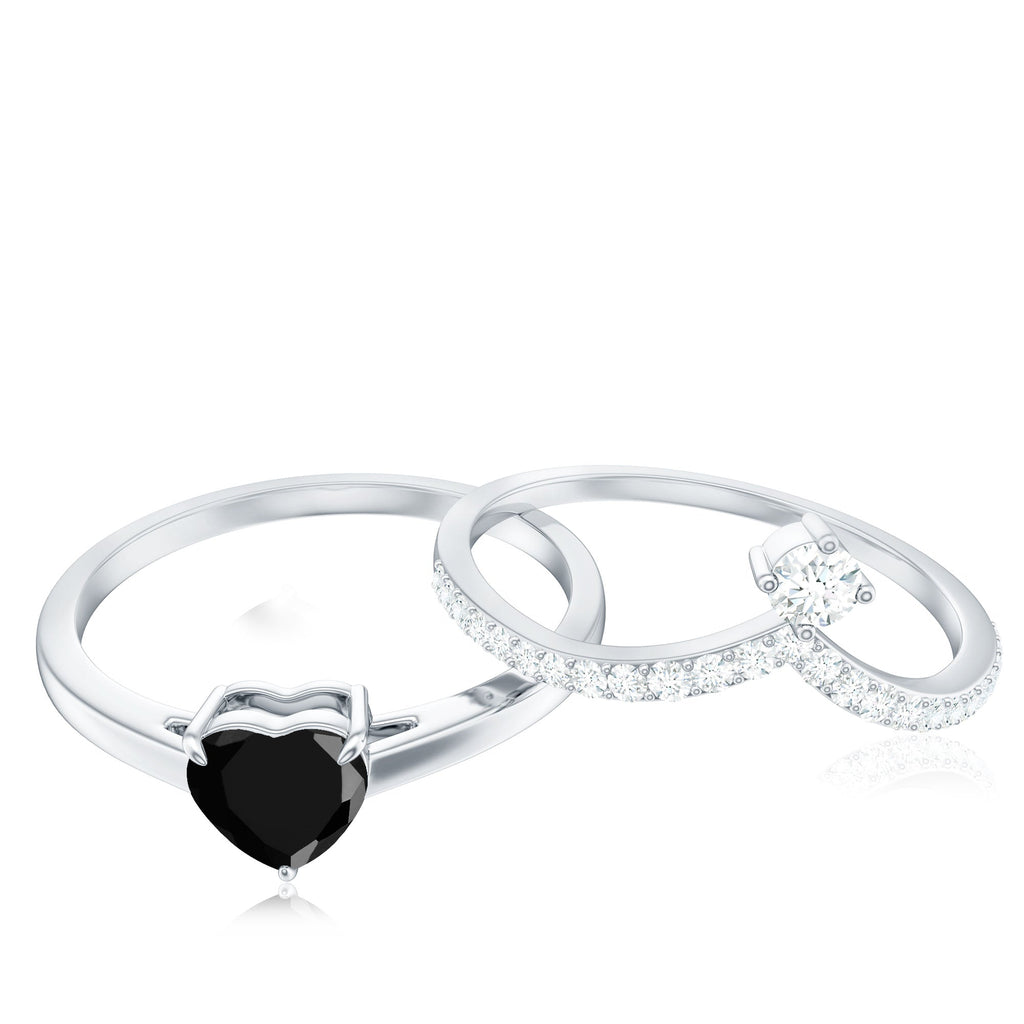 Heart Shape Created Black Diamond Solitaire Ring Set with Diamond