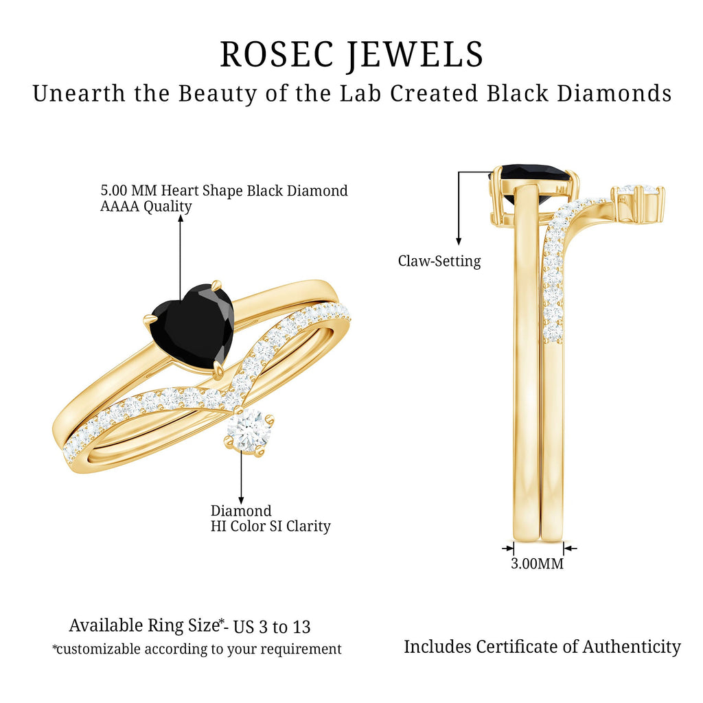 Heart Shape Created Black Diamond Solitaire Ring Set with Diamond