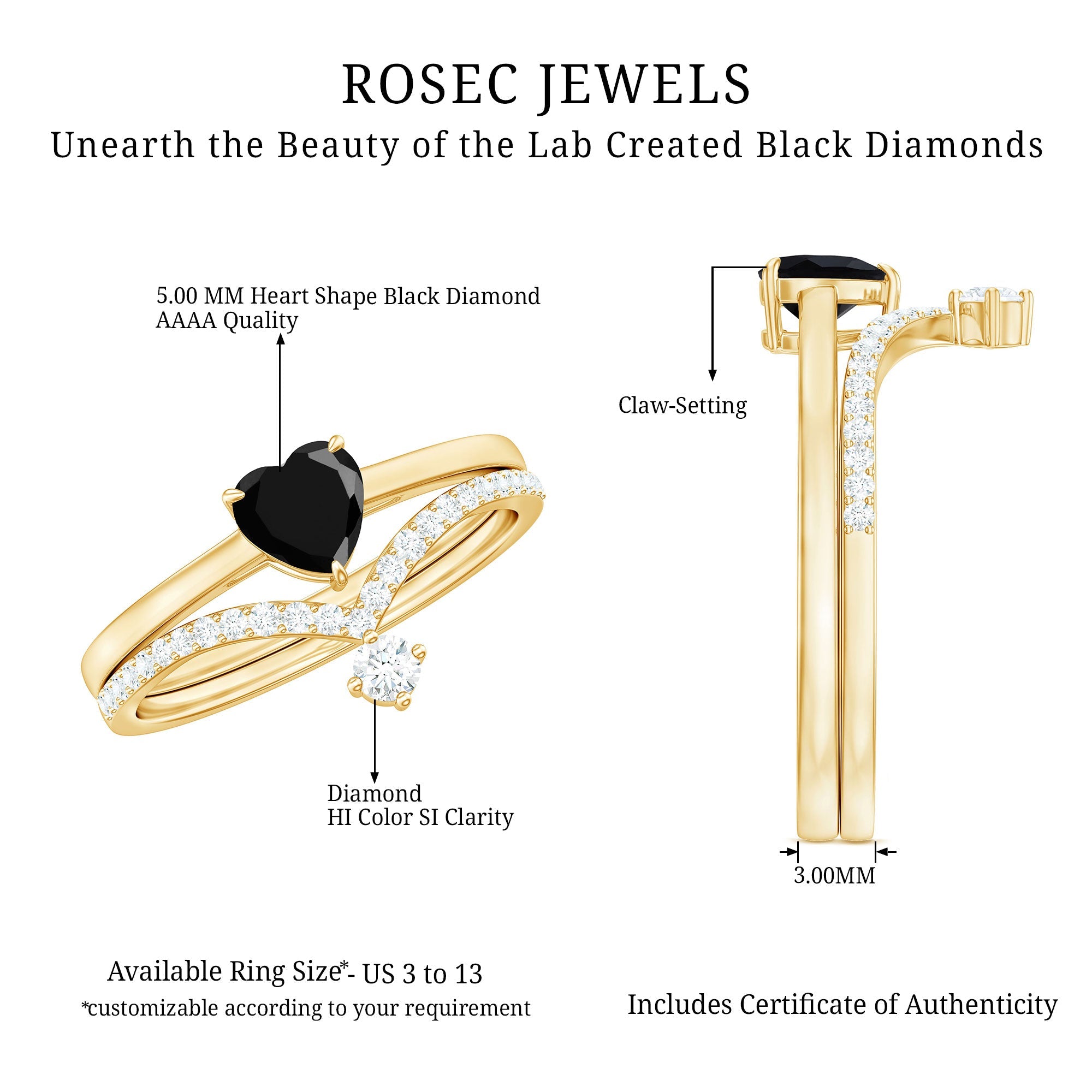 Heart Shape Created Black Diamond Solitaire Ring Set with Diamond