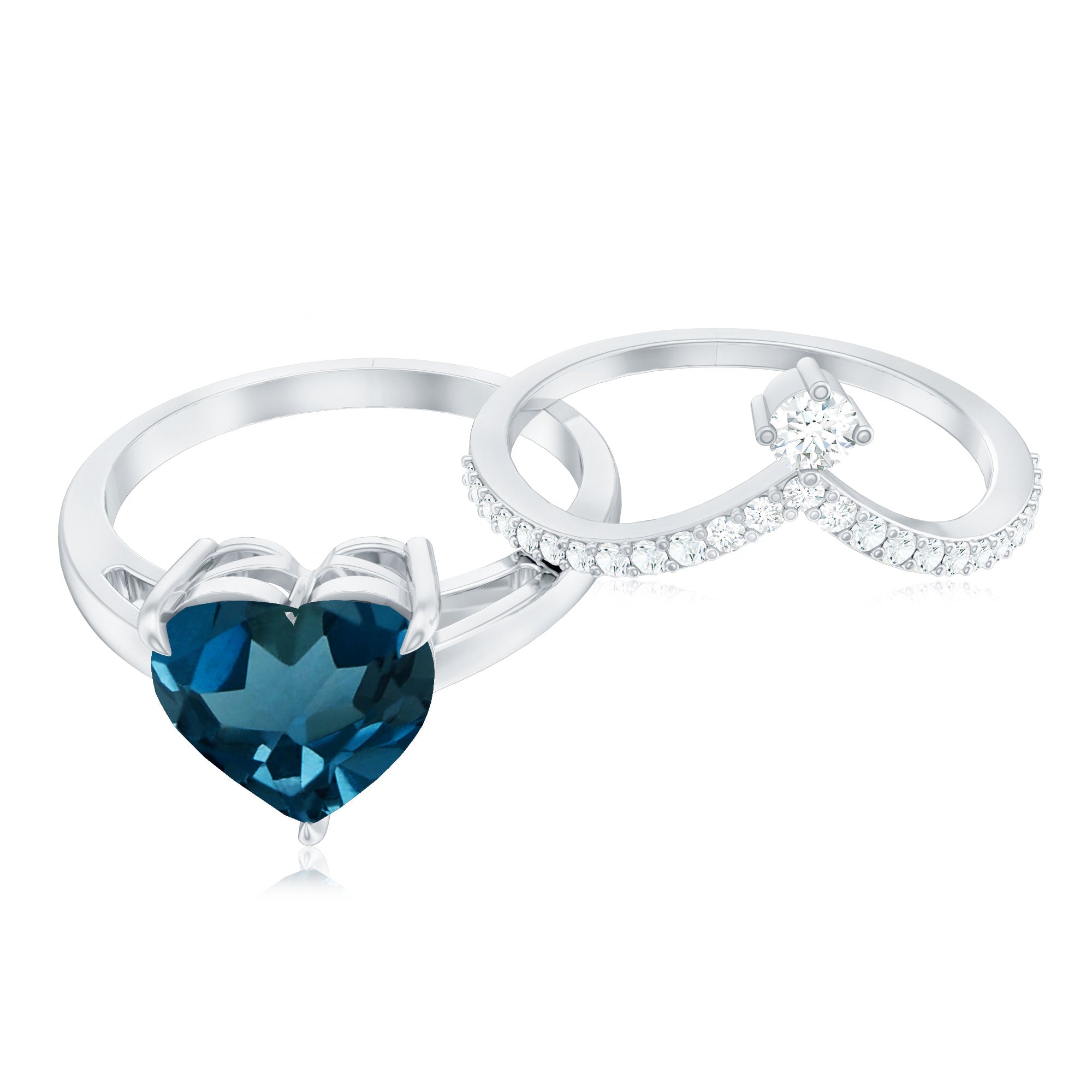 8mm Heart Shaped London Blue Topaz Solitaire Ring Set with Diamond Curved Band