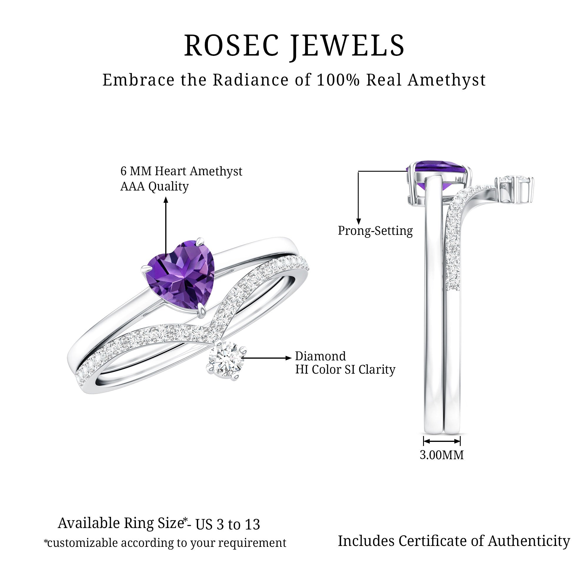 Natural Amethyst Solitaire Heart Ring Set with Diamond